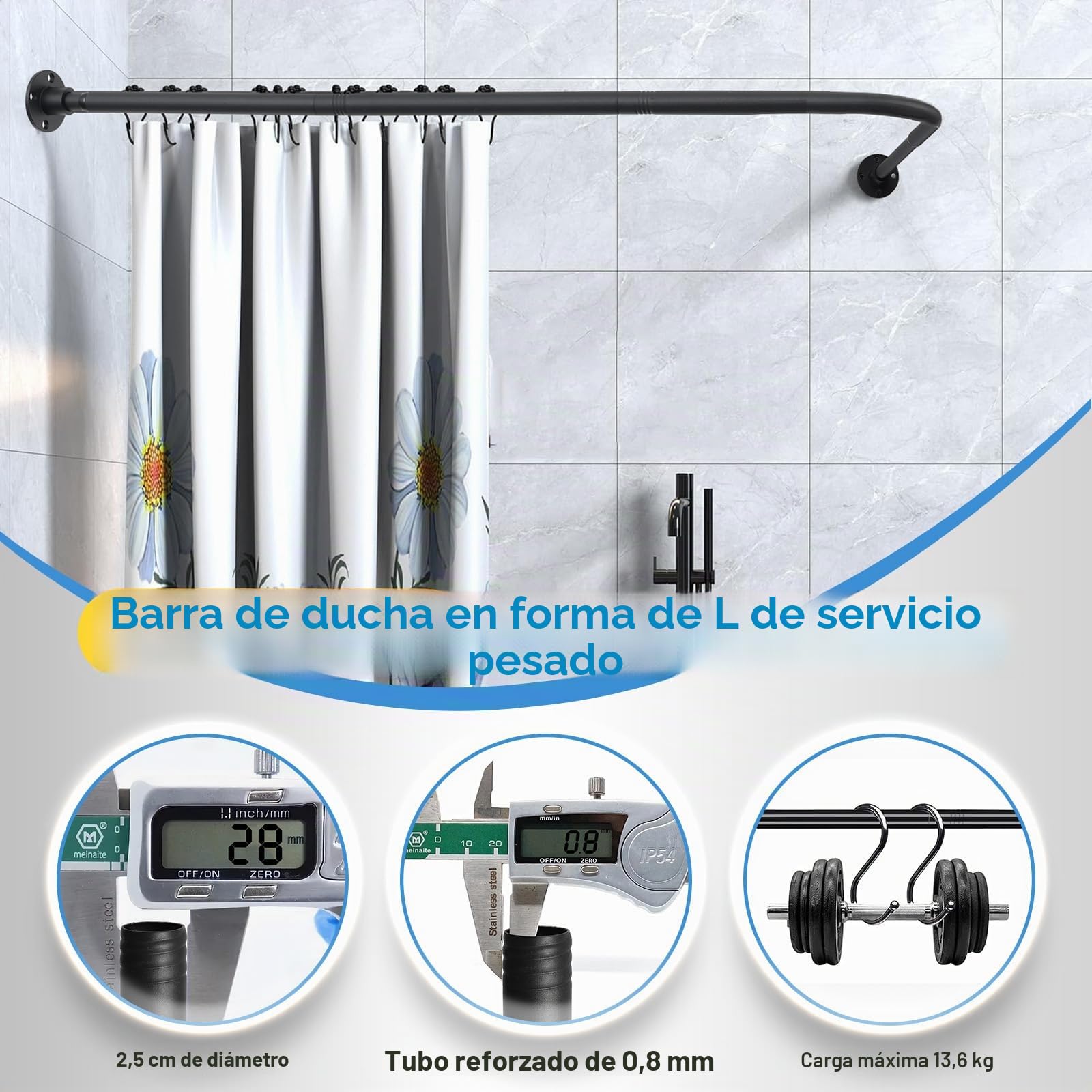 Barra de cortina de ducha en forma de L, barra de ducha de esquina ajustable (76-101 cm x 76-101 cm), Negro Mate Barra de Cortina Curvada Ajustable de 90 Grados Para Baño,Acero Inoxidable