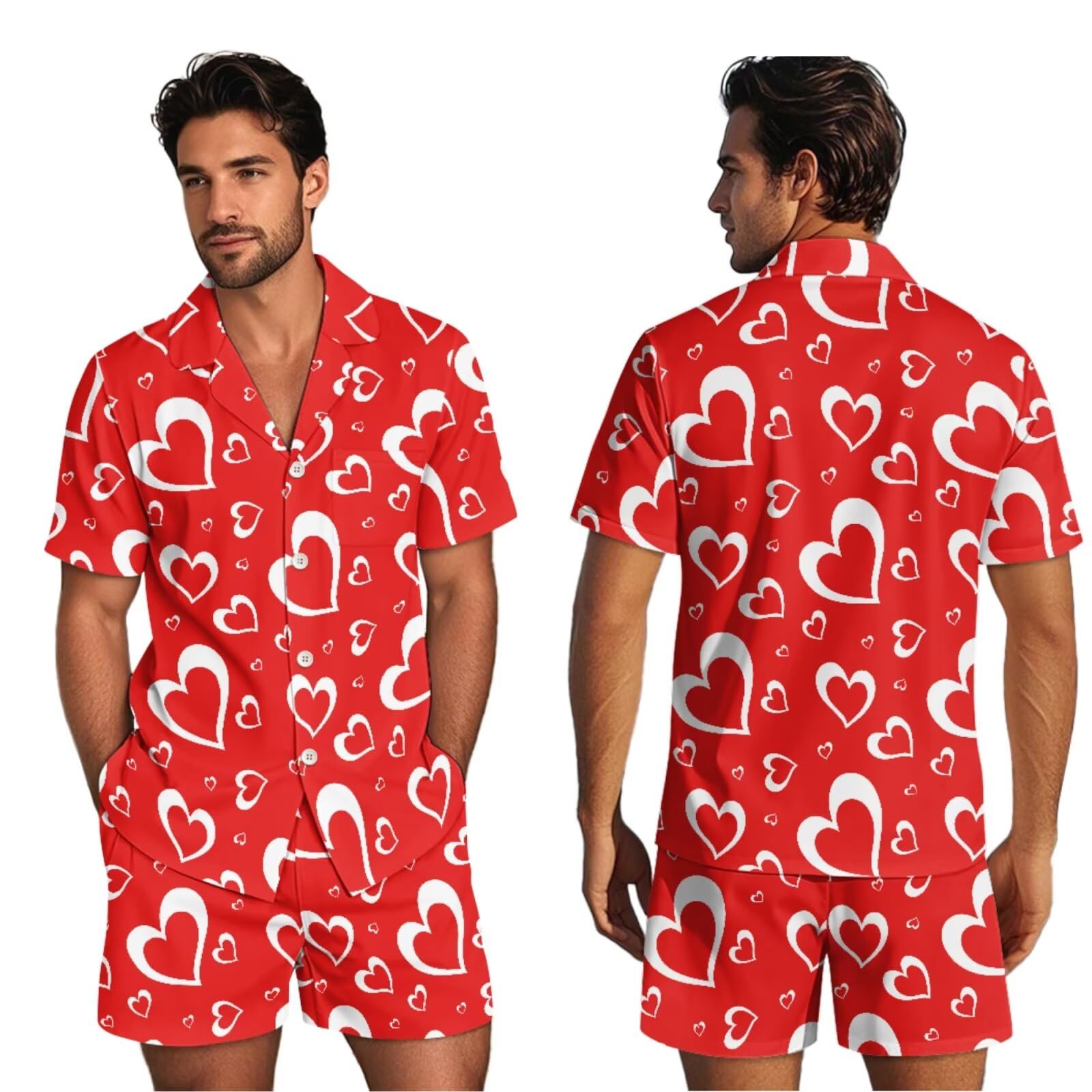 Conjunto de pijama a juego para parejas, de manga corta, con botones, ropa de dormir, Corazones rojos, 4XL