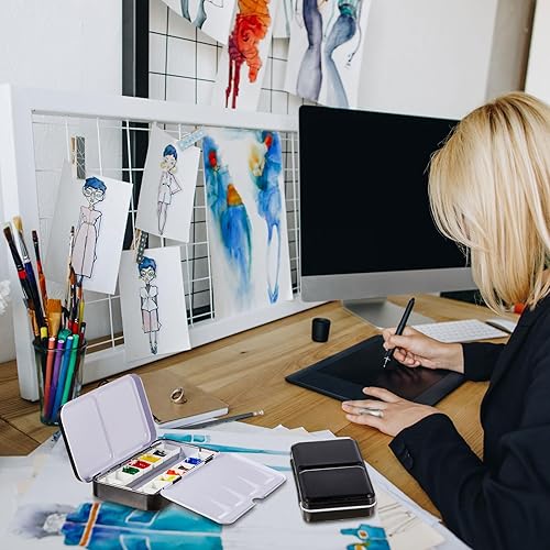 Miniatura 6 de Cholemy Juego de 6 bandejas de acuarela vacías para acuarela, bandeja de acuarela, juego de sartenes para acuarela para viajes de bricolaje, pintura