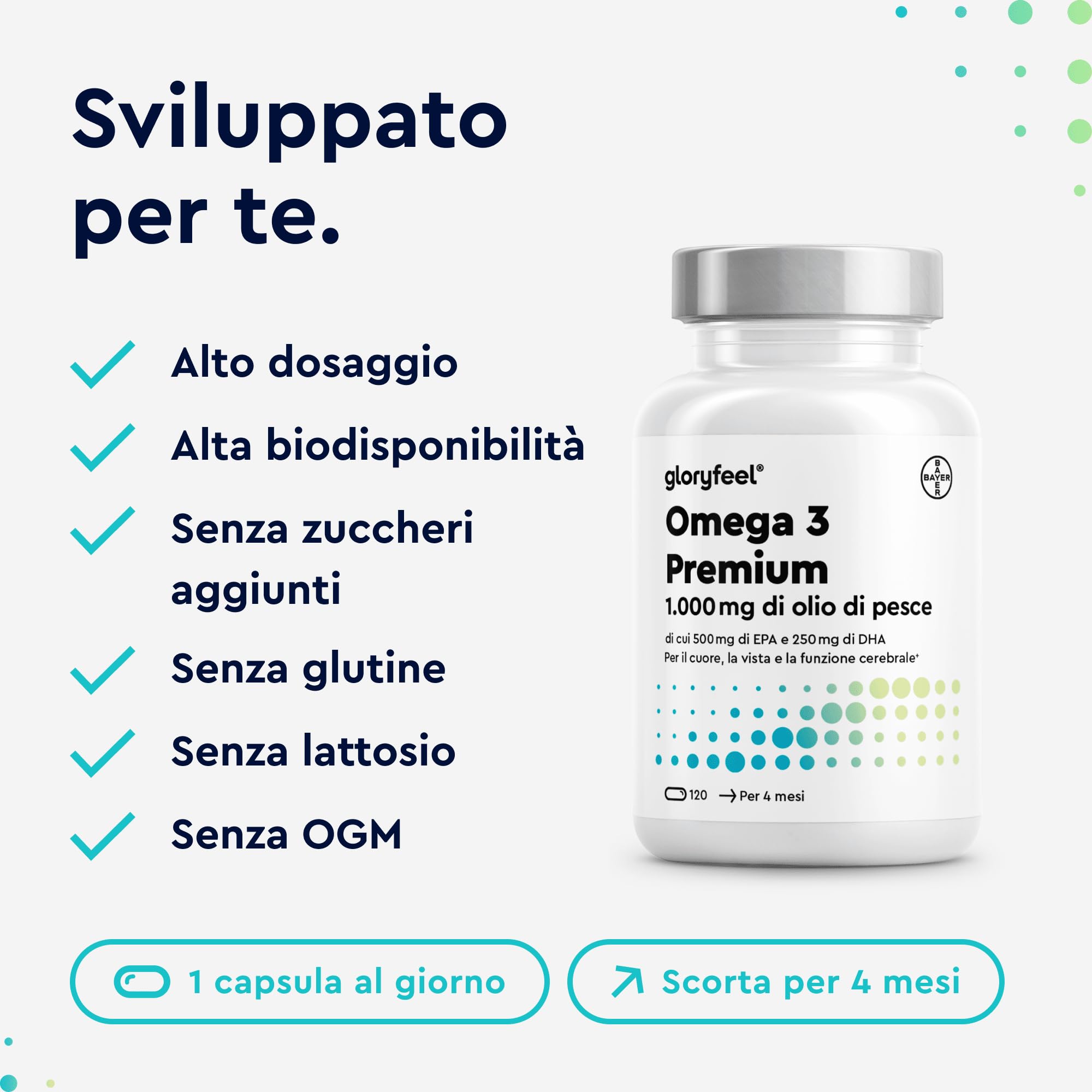 Omega 3 Olio di Pesce, 1000mg di Omega 3 500 mg EPA + 250 mg DHA, Integratore Olio di Pesce Omega 3 Capsule, 120 Capsule, Omega3 Fish Oil, Cuore & Cervello Sani, Testato in Laboratorio