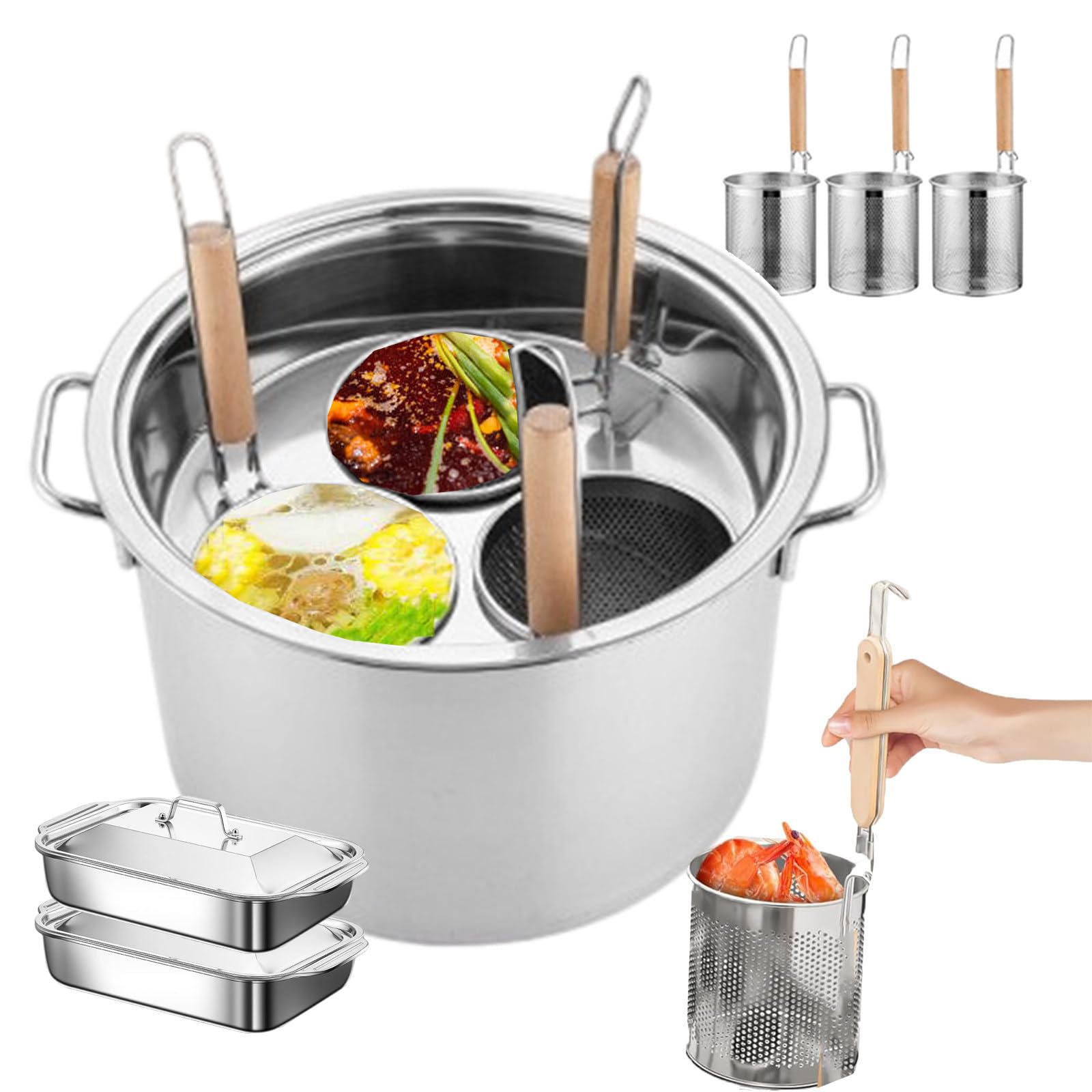Set Per Cuocipasta A 3/4 Fori | Pentole Per Cucinare Spaghetti Per Hot Pot Piccante | Pentole Per Cucinare Spaghetti Per Uso Commerciale | Gancio Per Cestello Filtro(Con 2 Vassoi),3-hole