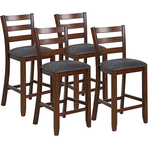 COSTWAY Set of 4 Counter Height Bar Stool, 25.5-Inch Upholstered Bar Stools with Solid Rubber Wood Frame, Foam-Padded Cushion, Footrest, Kitchen Chair for Bistro, Living Room, Grey and Brown