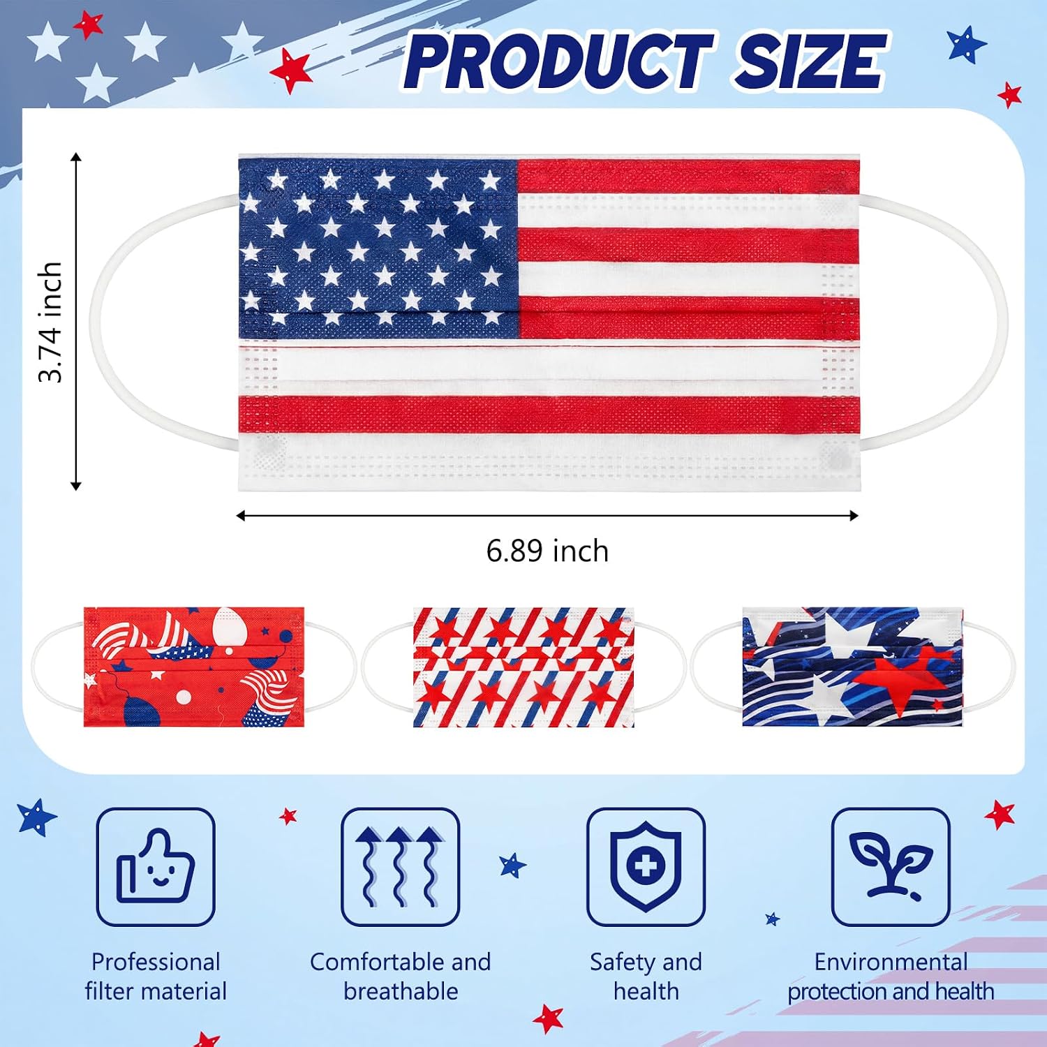 Huwena 100 Pcs Disposable Face Masks with USA Flag 3 Ply Breathable Facecovers for Adult Individually Wrapped Patriotic Face Mask for 250th Independence Day American Party Supplies image 2