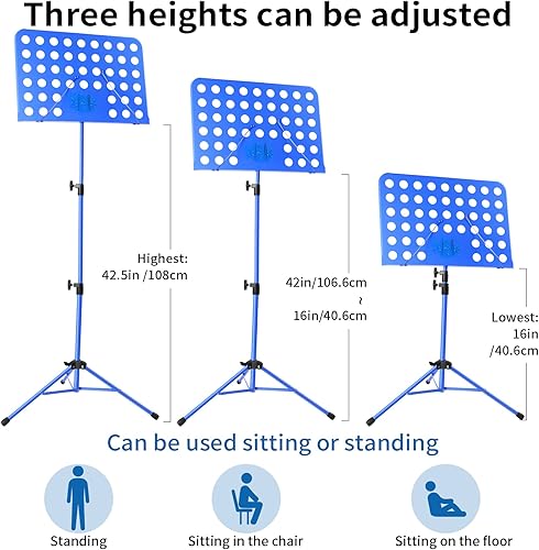 Miniatura 2 de lotmusic Soporte de música azul, soporte portátil para partituras, soporte de música plegable y ajustable en altura con bolsa, clip de partitura,