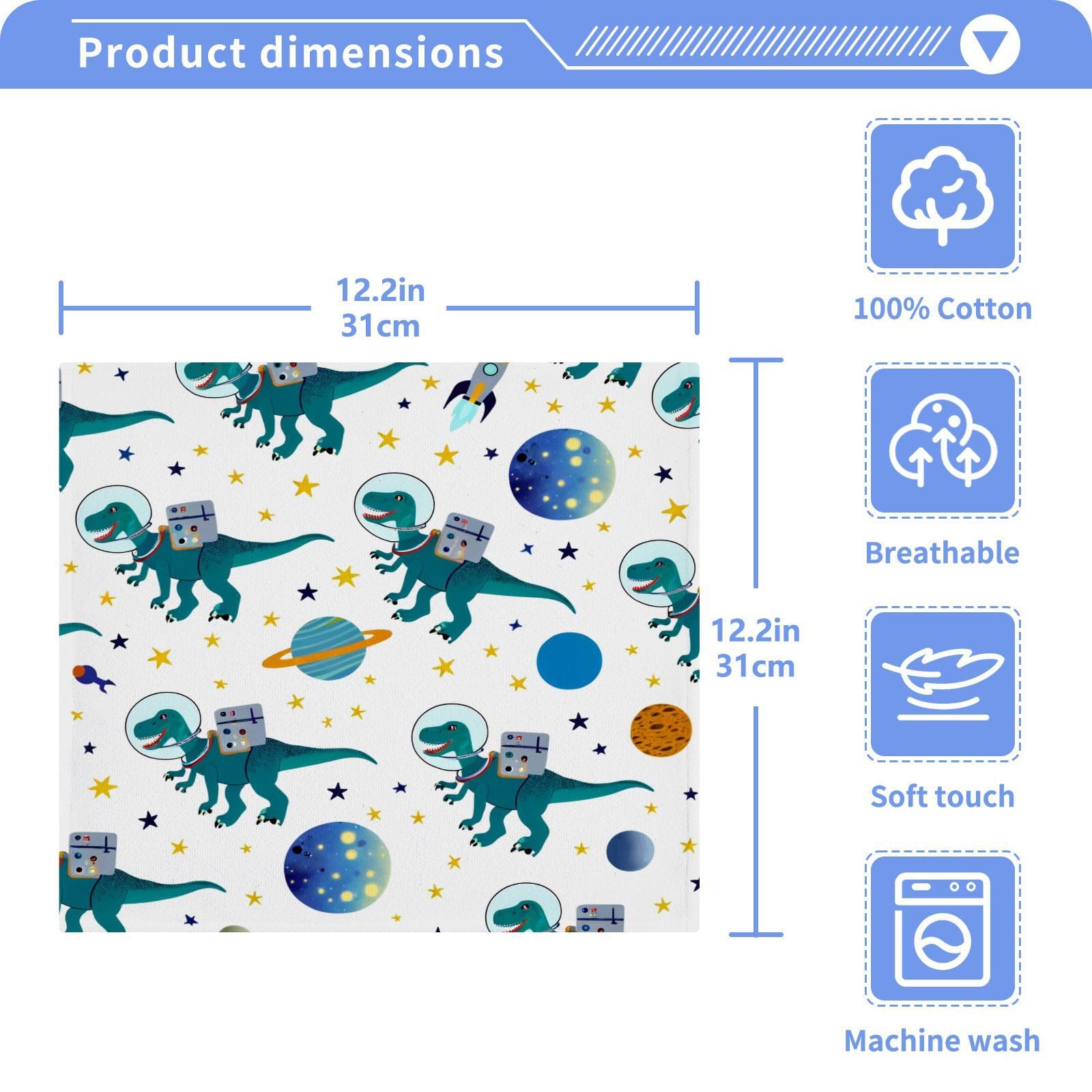 YANENDIE Space Dinosaurs Washcloths Towels, Highly Absorbent and Soft Cotton Face Cloths, 2 Pack Quick Dry Wash Cloths - 12 X 12 Inches