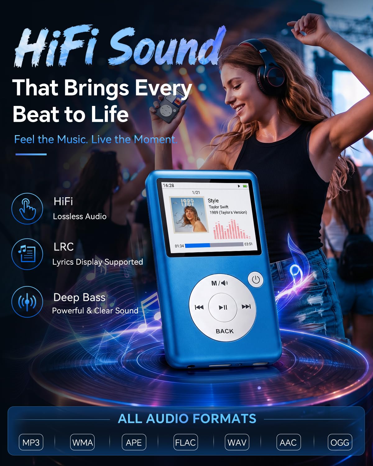 MP3 Player Bluetooth 5.3, HiFi verlustfreier Sound, Click-Rad tragbarer Musikplayer für Kinder und Erwachsene, FM Radio, Sprachrekorder, Video, 8GB intern erweiterbar auf 128GB, 16h Akku (Blau)