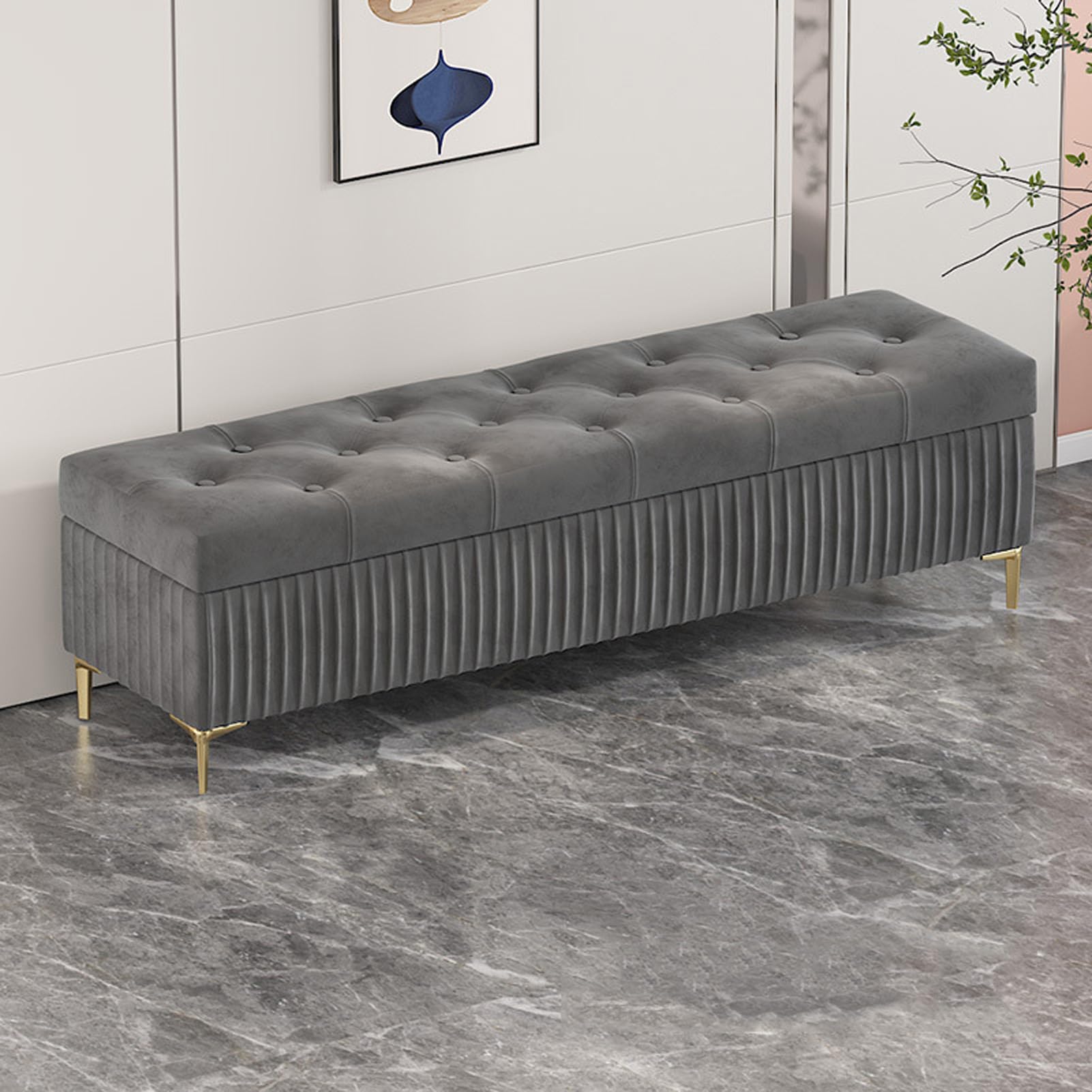 Coffre de rangement banc ottoman en cuir capitonné pour assise de salon