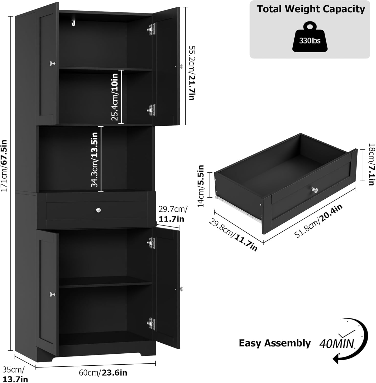 HIFIT 2 Pcs Tall Kitchen Pantry Cabinet, Large Kitchen Hutch Storage Cabinet with Doors & Wide Shelves, 67" Tall Modern Coffee Bar Cabinets with Drawers Cupboard Set for Home Dining Living Room, Black