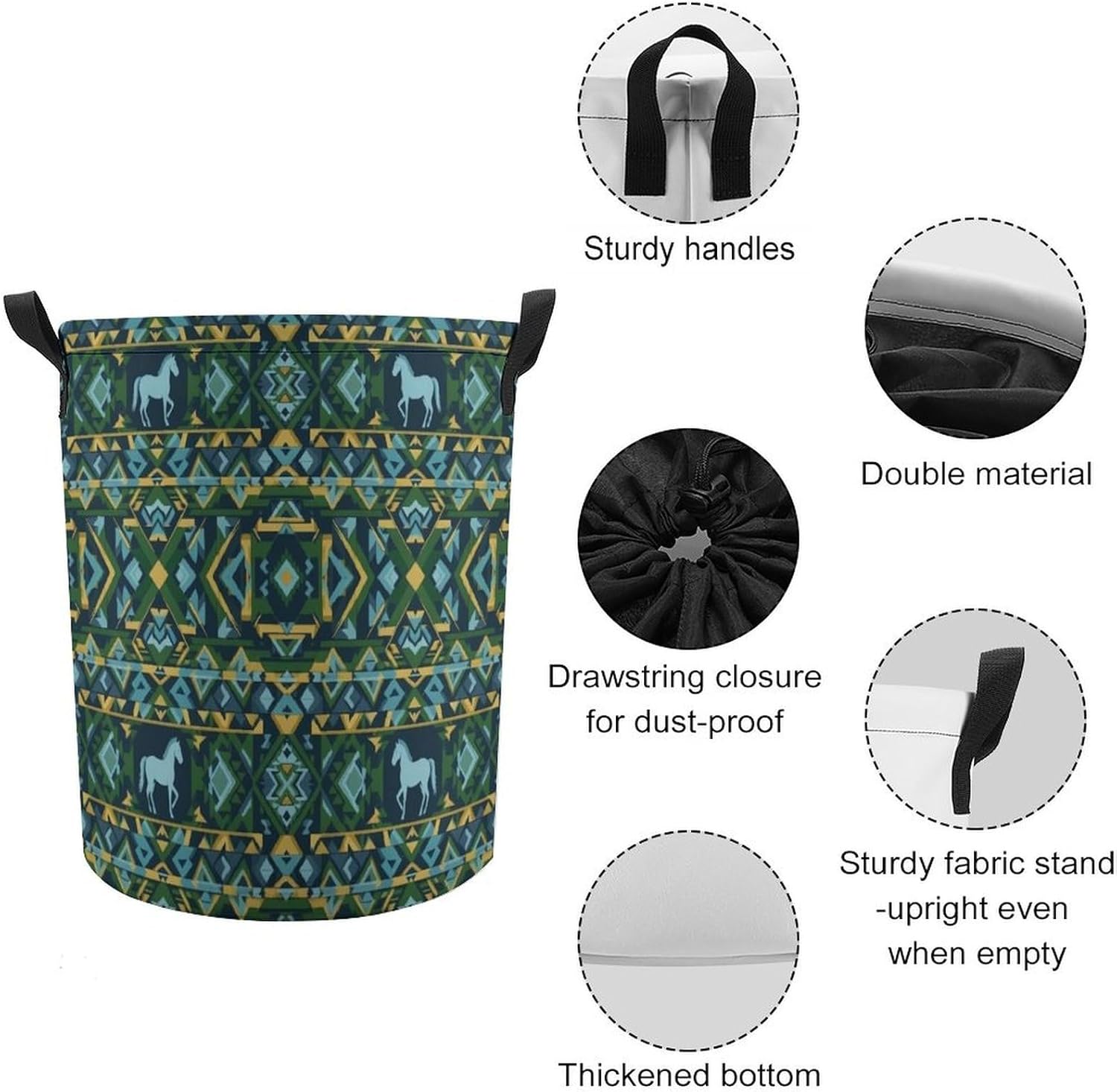 Large Laundry Basket, Teal Green Native American Tribal Ethnic Western Horse Drawstring Laundry Hamper, Waterproof Storage Baskets with Handles for Household Bedroom, Bathroom, Dorm