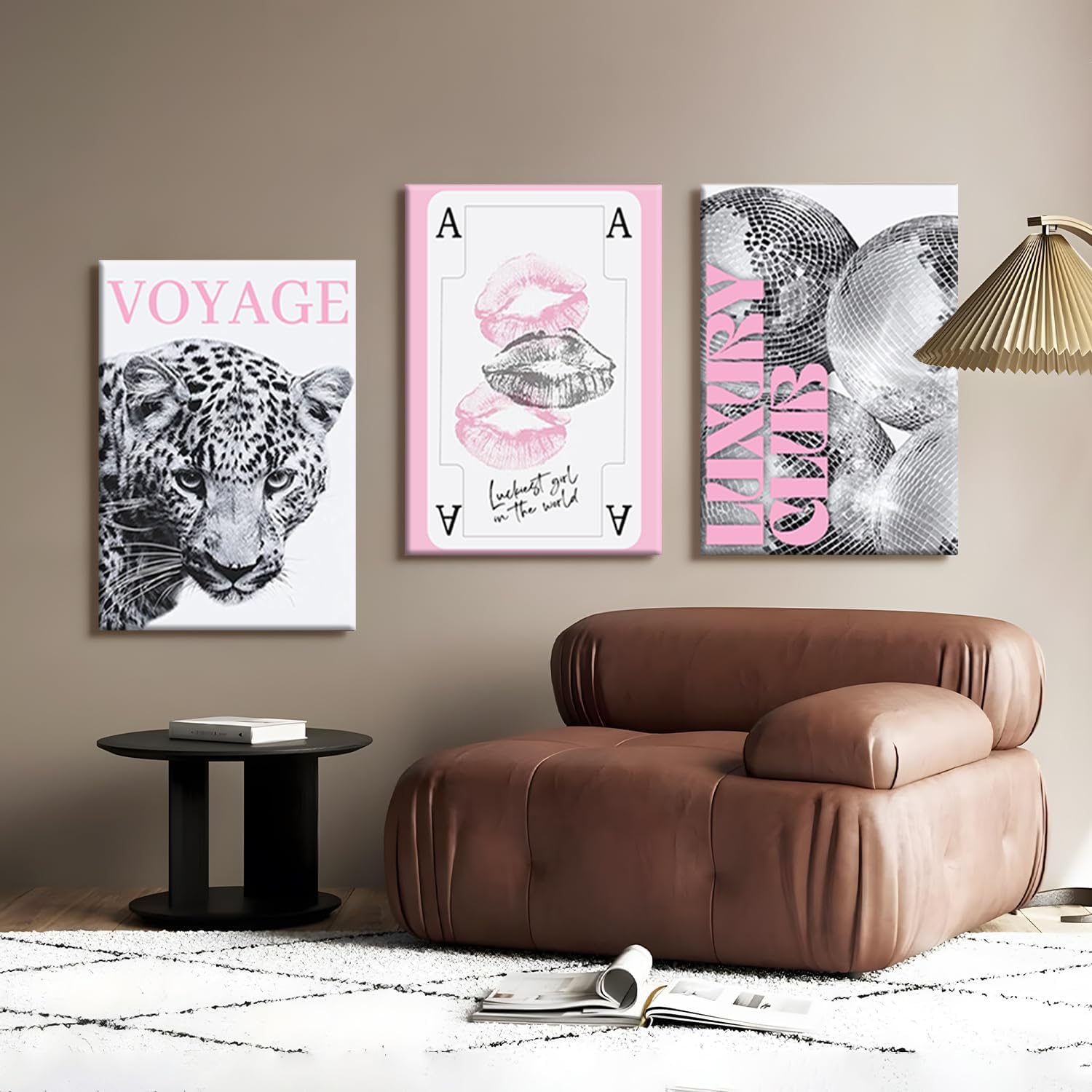 Pink Leopard Lucky Girl Poker Wall Art Set of 3 – Trendy Pink & Black Preppy Canvas Prints with Cheetah Artwork, Ace Card Lips Poster & Disco Ball Luxury Club Aesthetic Decor for Bedroom Dorm Apartment12×16 in