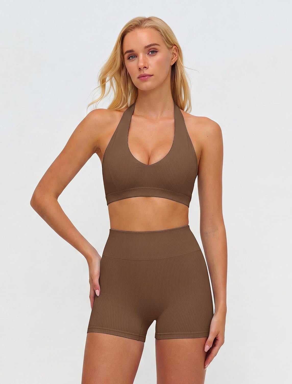 ABOCIW Two Piece Workout Sets for Women Ribbed Halter Sports Bra & High Waist Booty Shorts, Pilates Yoga Gym Outfits