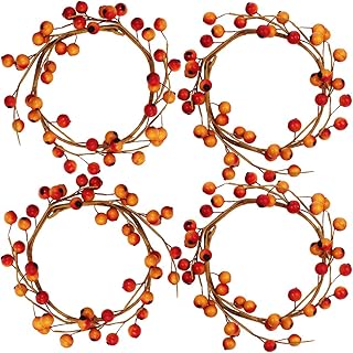 4 Pack Fall Candle Rings with Artificial Orange Berries Mini Berry Twig Wreath Candle Wreath Berry Rings 6" Wide for Thanksgiving Fall Wedding Rustic Seasonal Decoration