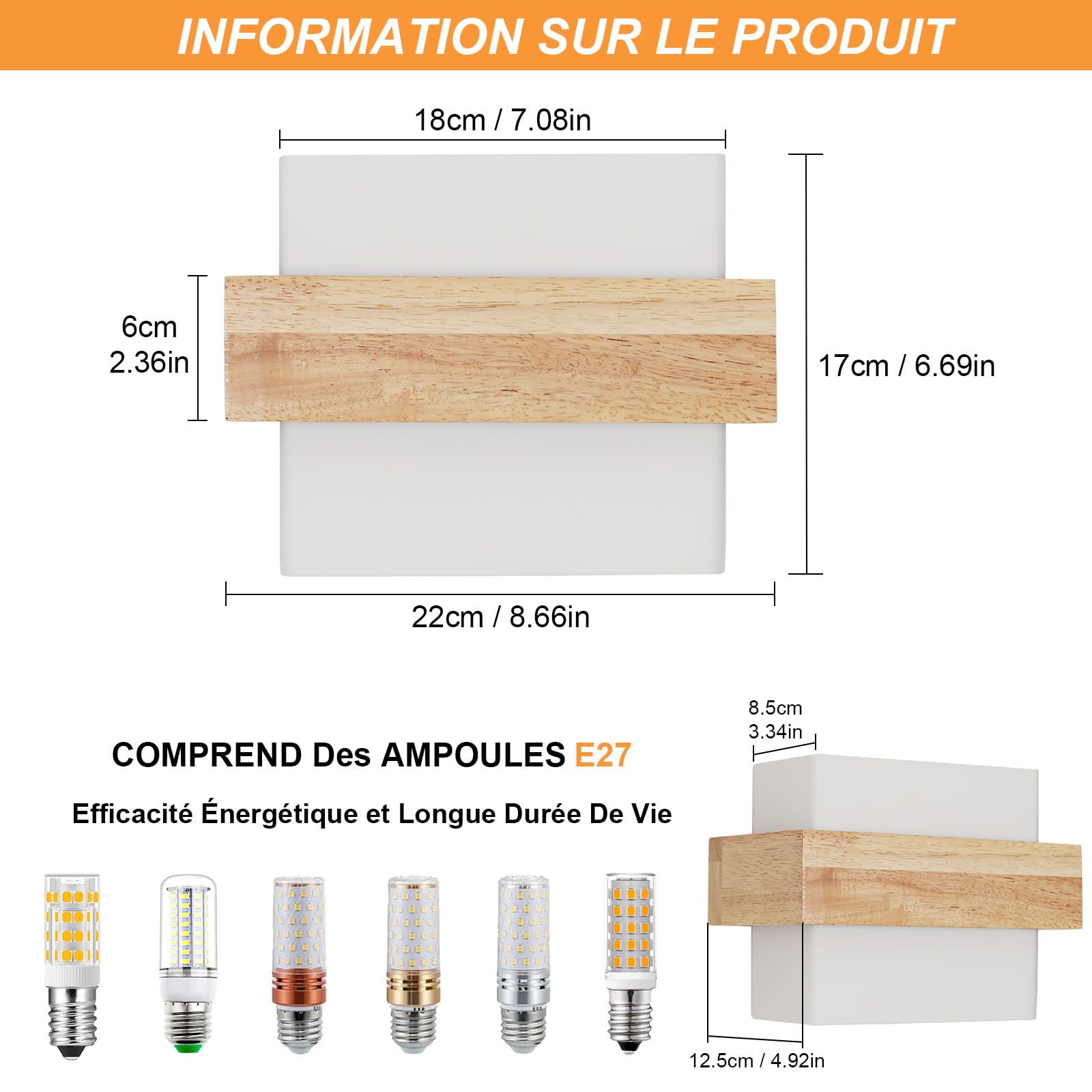 Toolight Applique Murale 12W Dimmable Bois Verre E27 Salon Chambre