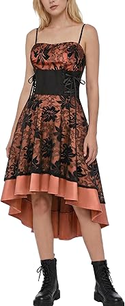 Womens Vintage Steampunk Dress Spaghetti Strap Bandage Dresses Floral Lace High Low Dress Lolita Halloween Costumes