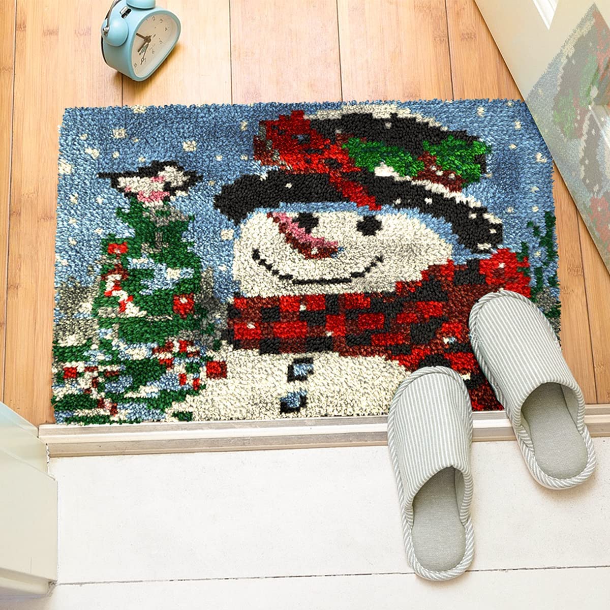 Latch Hook Kit for Adults & Kids Complete DIY Rug Making Craft Kits with Yarn & Canvas and Crochet Needle, Adult Craft Kits for Women, Relaxing Home Art Project - Snowman With Red Scarf 50x38cm — image 1