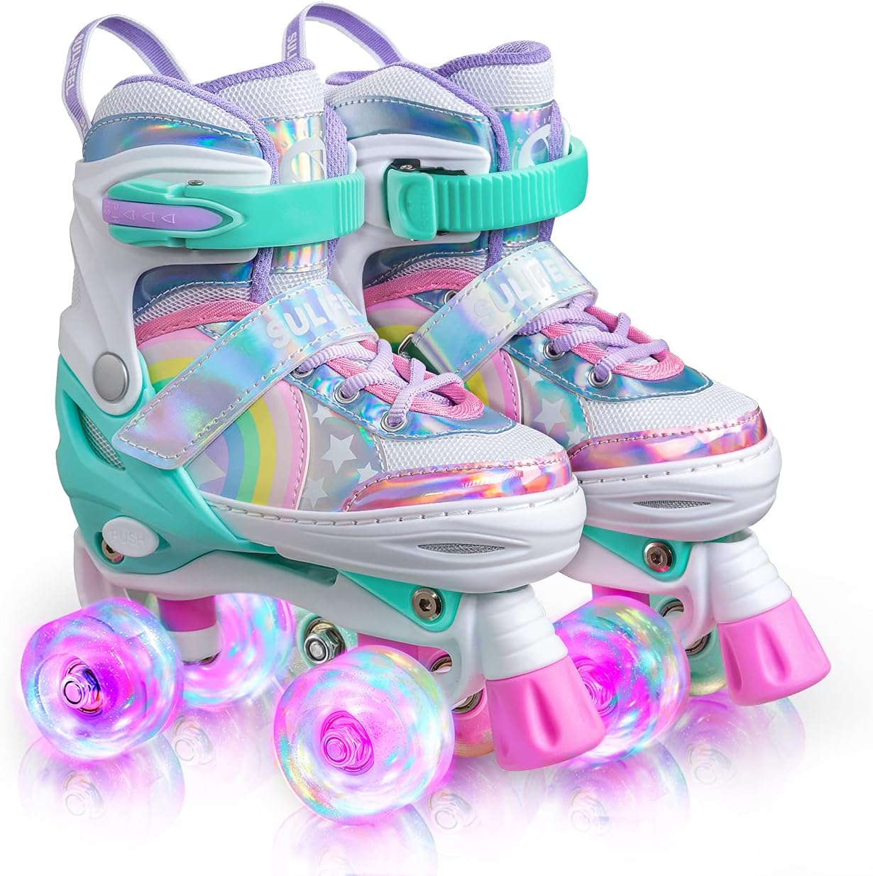 SULIFEEL Rainbow Unicorn 4 Size Adjustable Light Up Roller Skates For Girls Boys For Kids - Large(3Y-6Y Us), Rollerderbywheel, Multi