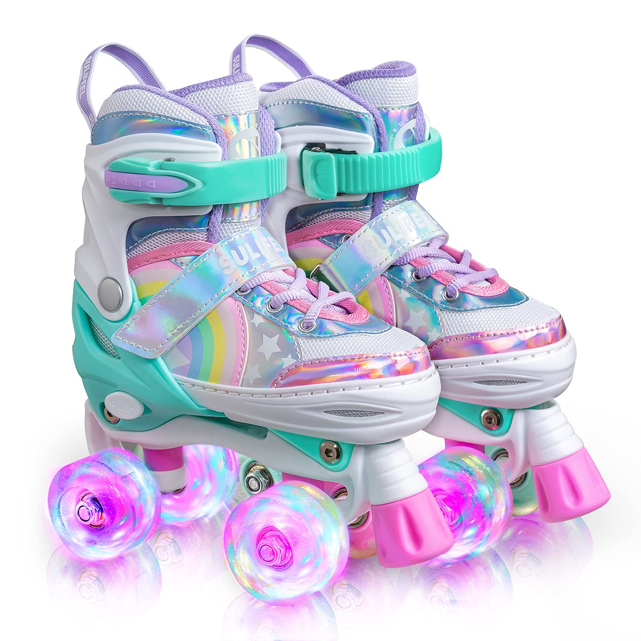 SULIFEEL Rainbow Unicorn Roller Skates for Youth Size Large and Adjustable Protective Gear Set Shiny Medium