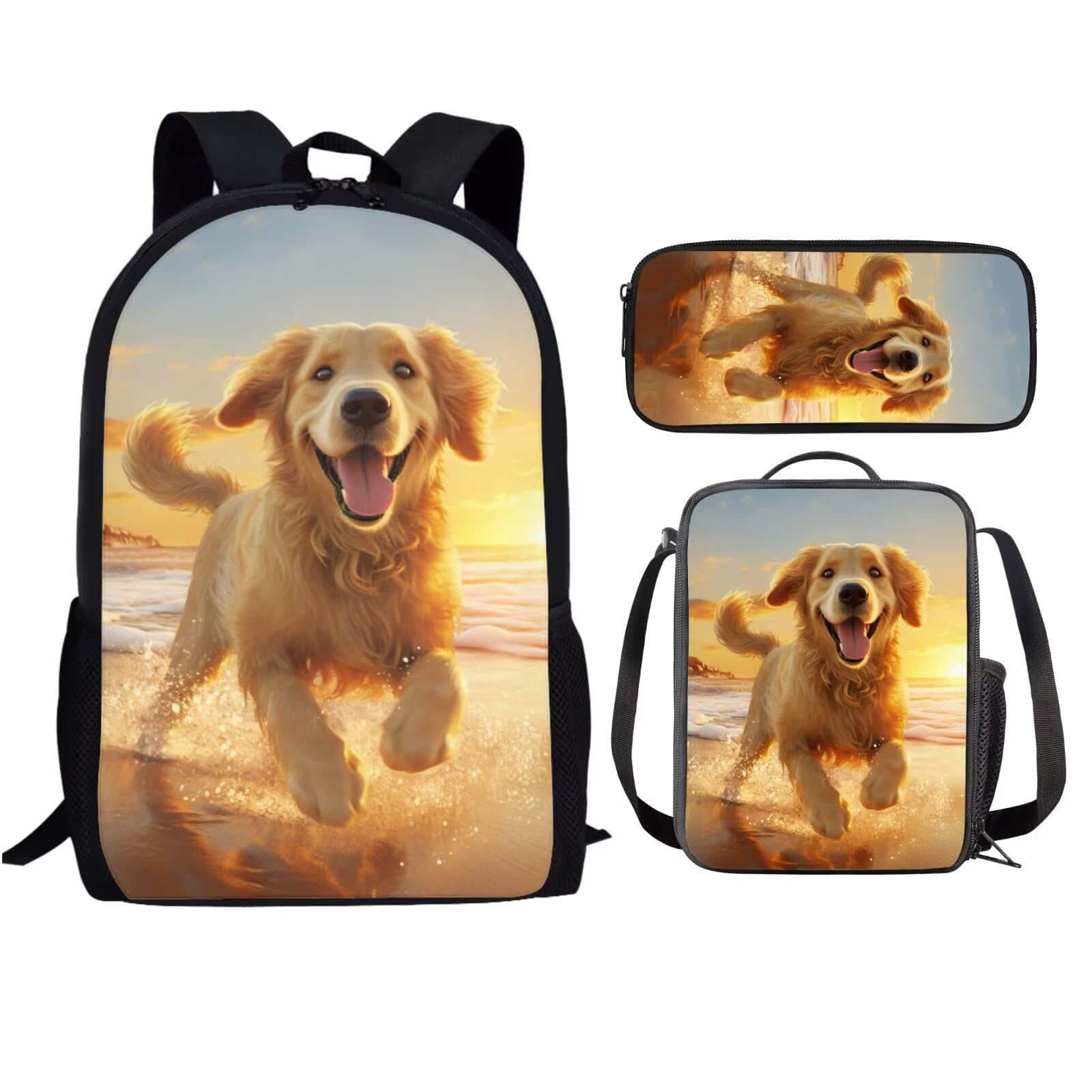 INSTANTARTS Golden Retriever Backpack Set for Teens 3 Piece Girls Schoolbag with Lunch Bag Pencil Case Middle School Bag Boys Bookbags 14-16 Hiking