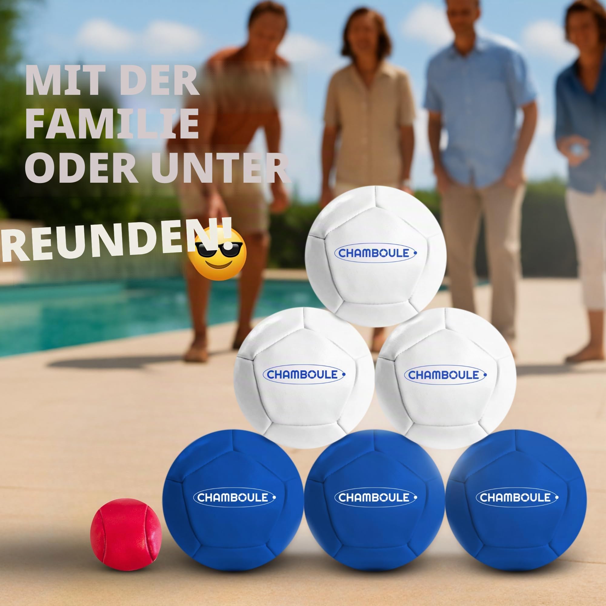 MASSA | CHAMBOULE – Boccia-Spiel für den Innen- und Außenbereich – blaue und weiße Kugeln – Set mit Zielkugel, Maßstab und Transporttasche – Boccia-Geländebock