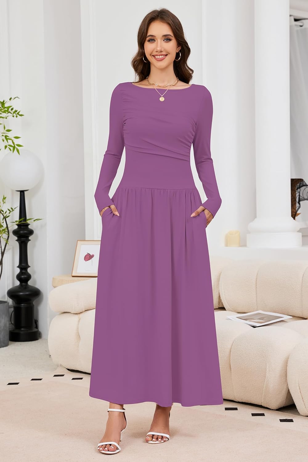Women's 2025 Fall Long Sleeve Maxi Dress Crewneck Elegant Ruched Waist Casual Slim Pleated A Line Flowy Long Dresses - Image 7