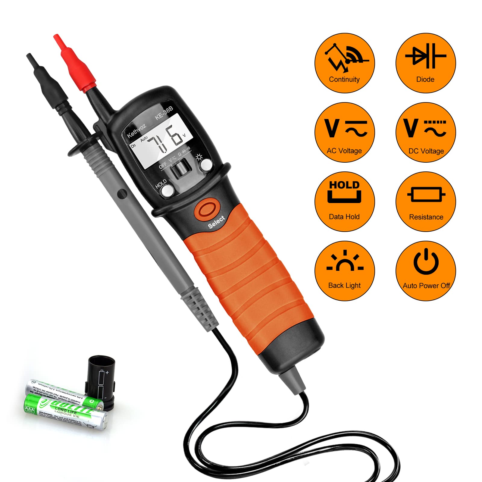 Zweipolig Spannungsprüfer Durchgangsprüfer, Kethvoz Digitales Multimeter 600V Voltmeter Messen AC/DC Spannung Widerstand Diode, Elektrisch Messgerät Spannungsmesser KE-38B