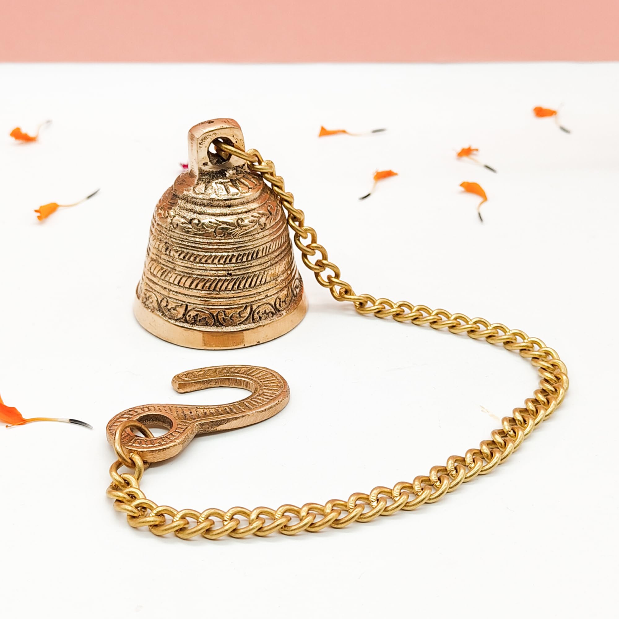 AURA MART Brass Wall Hanging Bells for Home Mandir Temple Living Room Decoration Pooja Decorative Items Puja Bell Air Size 1.7 x 1.7 Inch Chain Length 11.4 Inches Brass