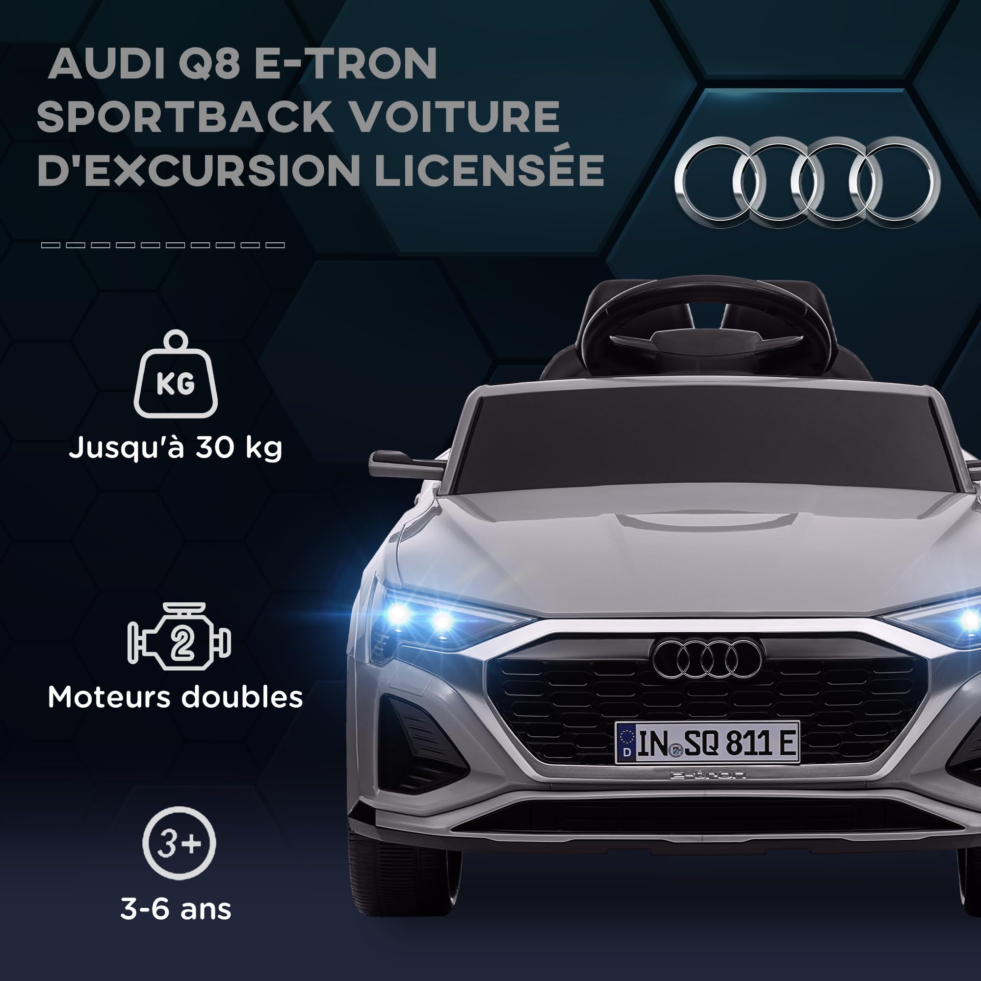 AIYAPLAY Voiture électrique Enfants 12V sous Licence Audi Q8 e-tron Sportback, véhicule électrique, 2 Moteurs, télécommande 2,4G, phares LED, Musique, klaxon, Suspension à Ressort, pour 3-4 Ans, Gris