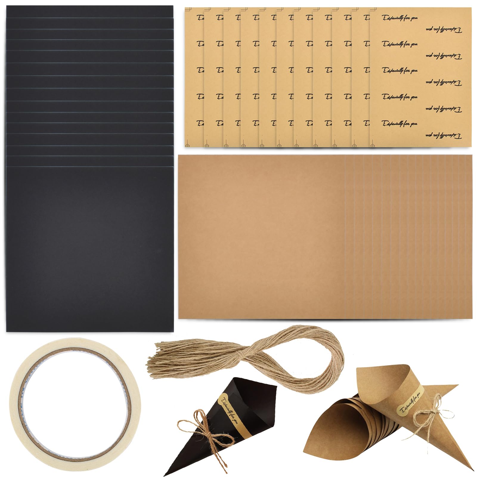 Anseom 50 Piezas Conos de Confeti para Bodas Cono Papel Kraft Boda con 50 Pegatinas 50 Cuerdas 1 Rollo de Cinta Adhesiva DIY Cono para Confeti Flores para Decoración Fiesta Ceremonia