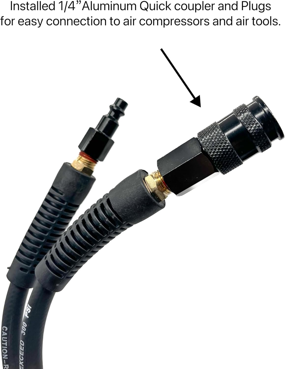 Hybrid Air Hose 1/4-Inch x 100FT,300 PSI Heavy Duty, Lightweight, Kink Resistant, All-Weather Flexibility With 1/4-Inch Swivel Solid Aluminum Quick Coupler and Plug, Black