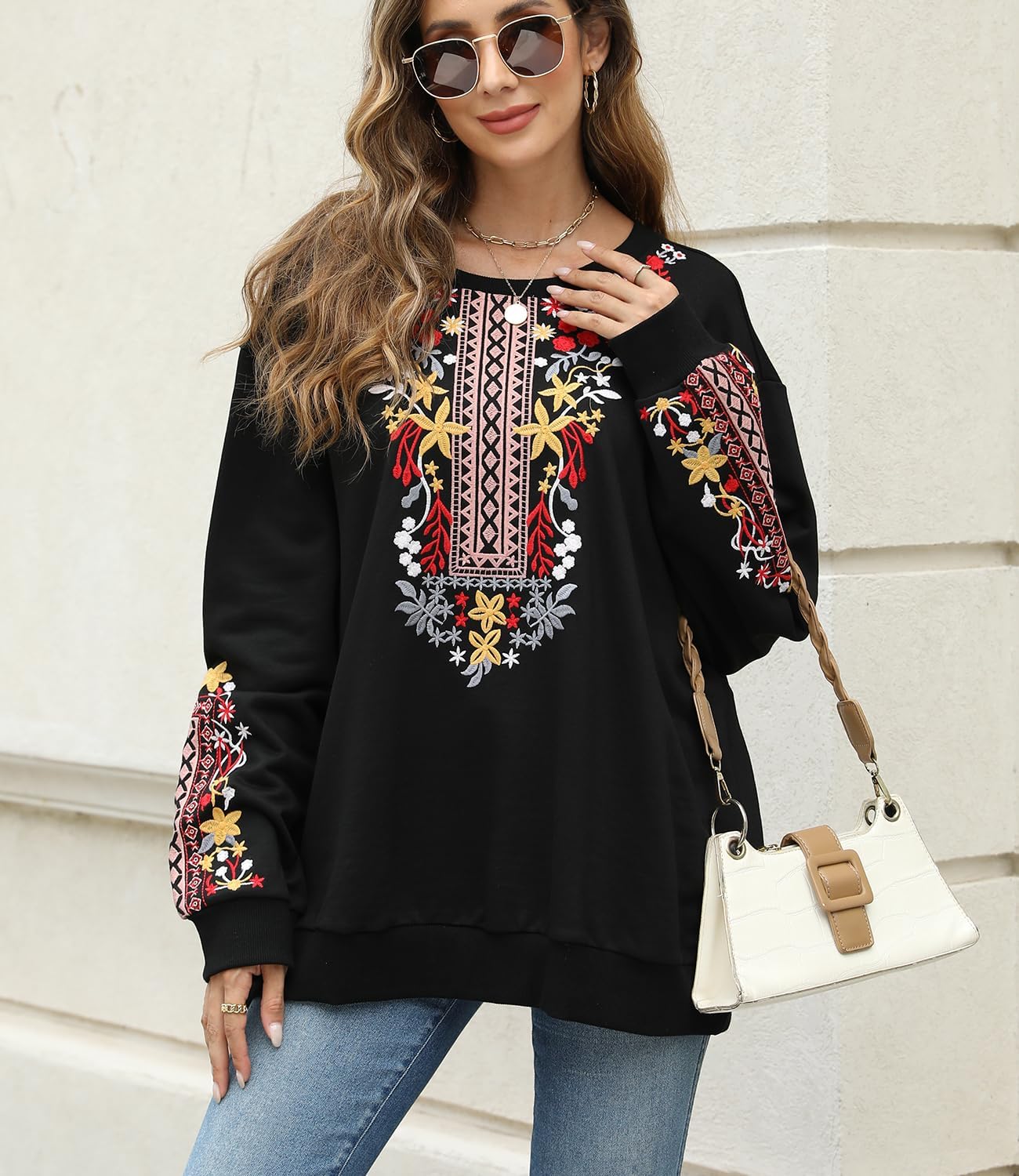 Higustar Women's Embroidered Sweatshirt Mexican Boho Long Sleeve Crewneck Pullover Bohemian Clothes Mama Fall Outfits