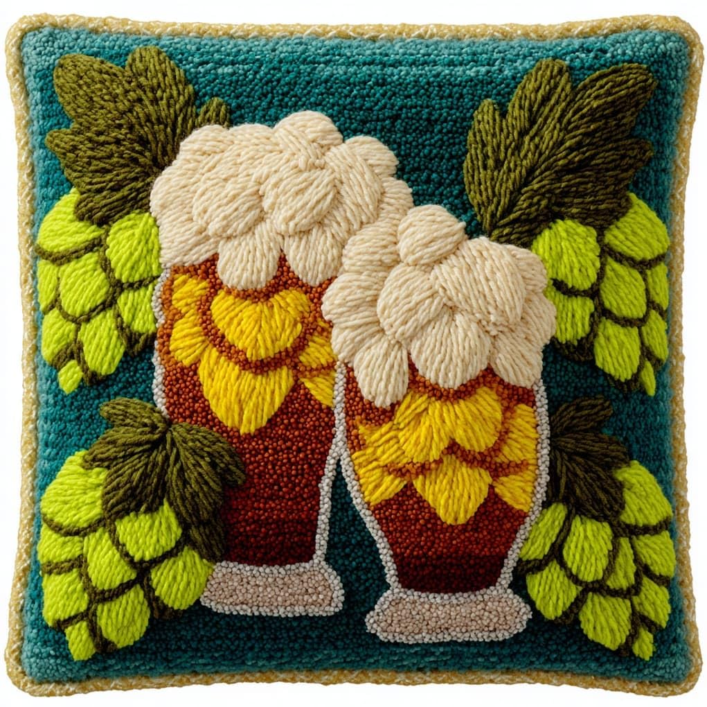 Henypt DIY Latch Hook Kit 43x43cm / 17x17 Inch,Beer Mug and Leaves Complete Crochet Rug Kit with Yarns & Hook,Creative Needlework Gift for Family