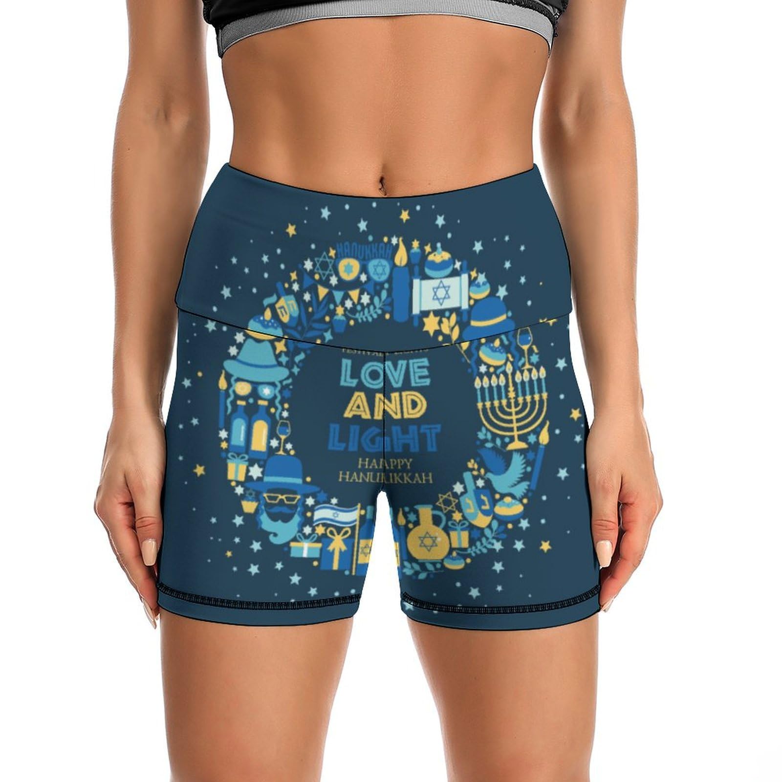 Happy Hanukkah Jewish Chanukah Holiday High Waist Yoga Shorts for Women Athletic Shorts Leggings Running Pants Black