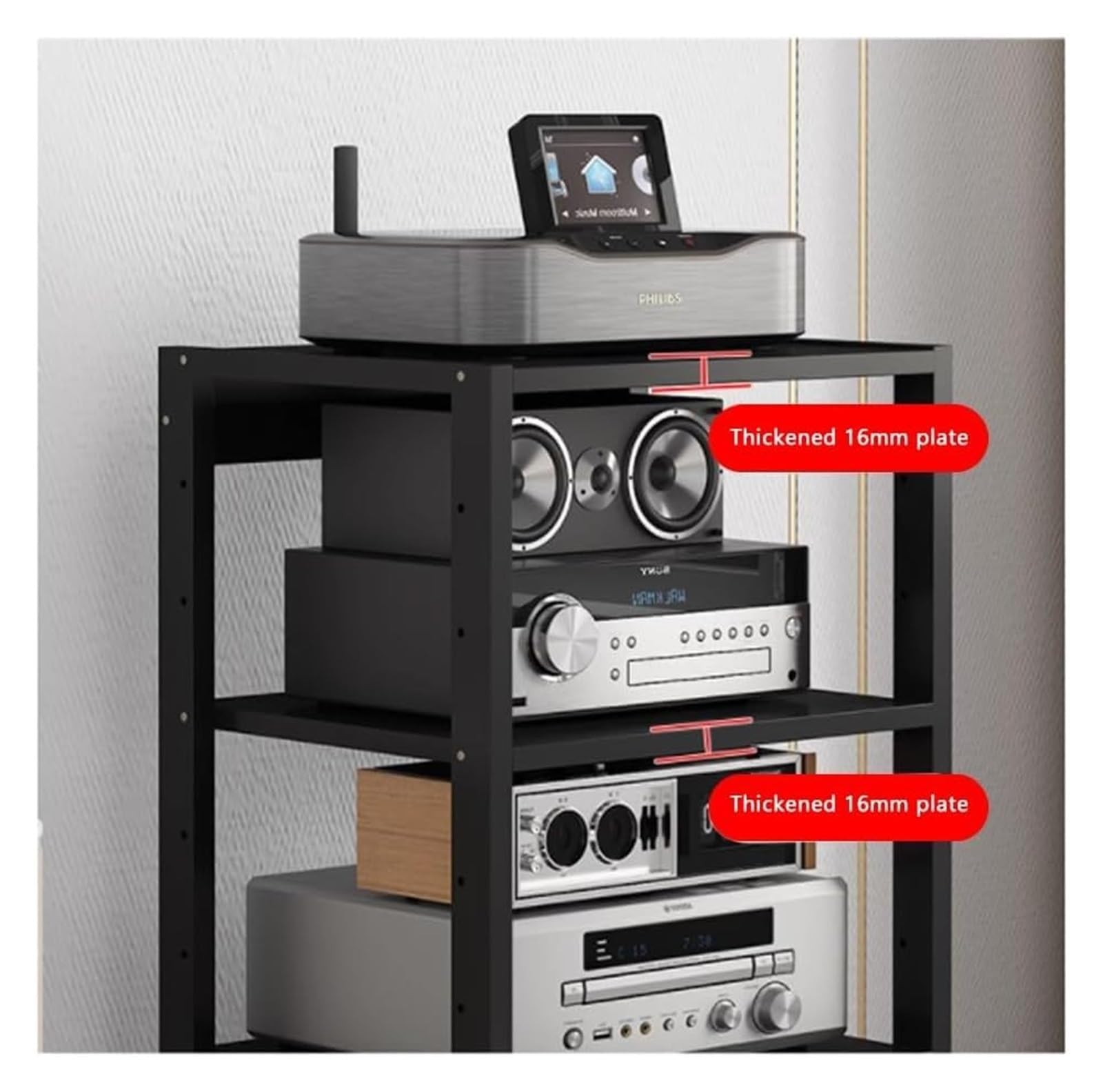 Supporto multimediale video Mensola AV HiFi regolabile a 7 livelli con ruote universali, rack audio mobile for soggiorno, camera da letto, studio(Teak color)
