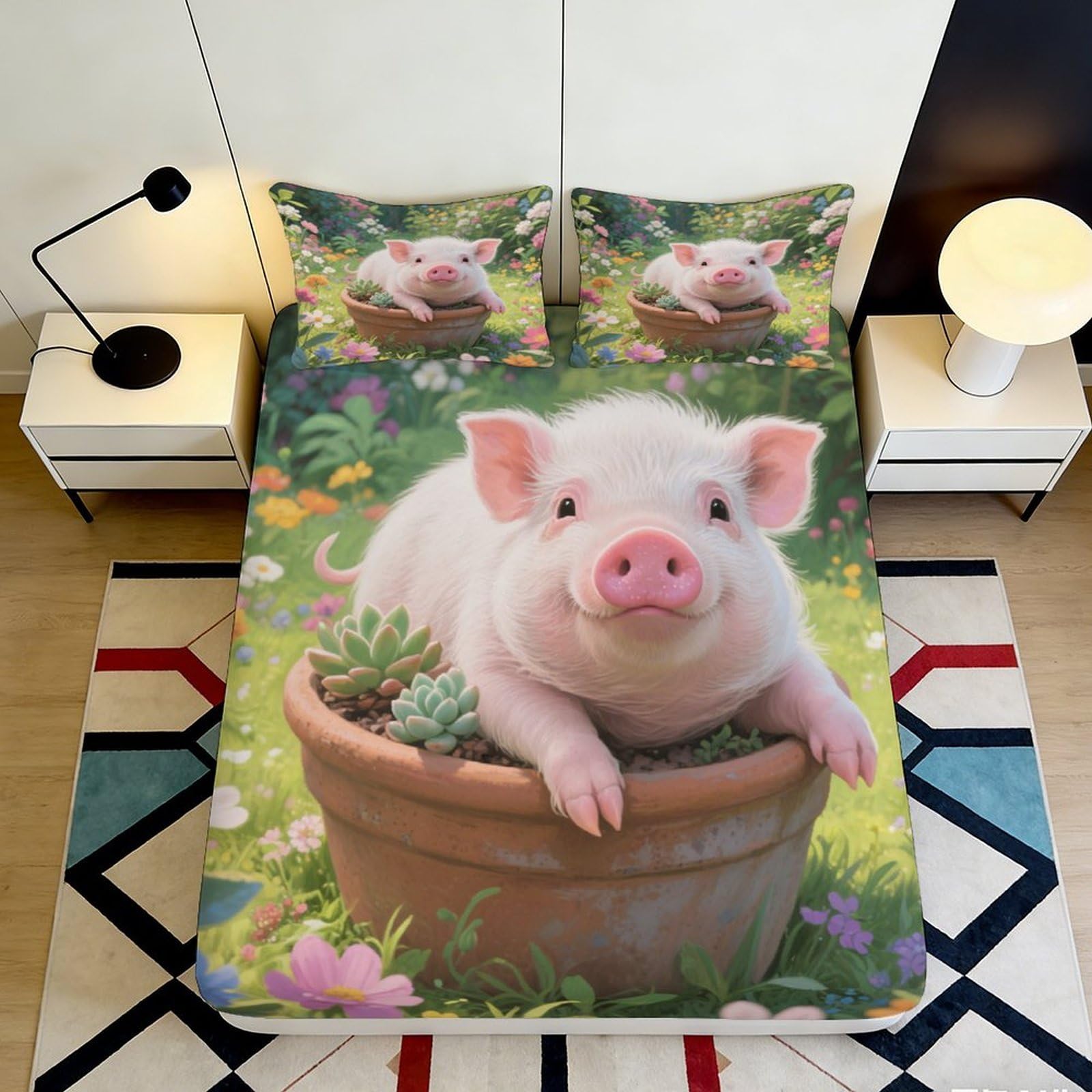 Jwndfkpvxzgl Style-4 3D Printed Cute Pig Flower Pot Fitted Sheet Microfiber Soft Breathable Animal Bed Cover Bedroom Dorm Mattress Protector Decor 90X200x25cm