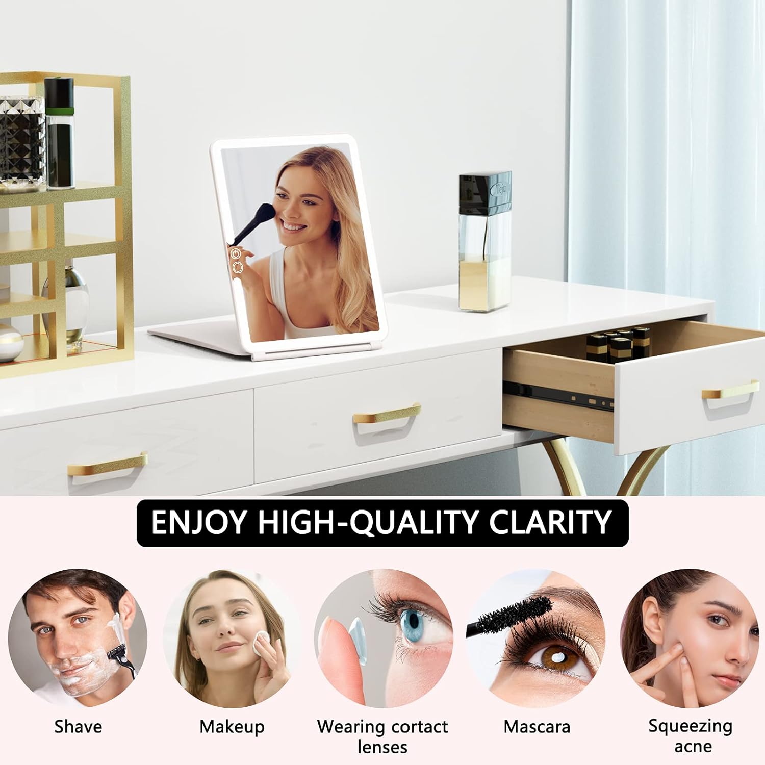 WEILY Makeup Mirror with Lights, 2000 mAh USB Rechargeable Lighted Makeup Mirror, Touch Screen 3 Colors Adjustable 72 LED Lights Compact Travel Mirror, Gift for Girls Women (Pink)