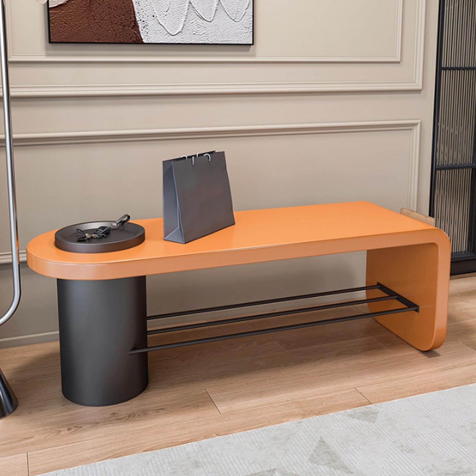 Banc de rangement orange de 120cm avec étagère à chaussures ouverte pour entrée