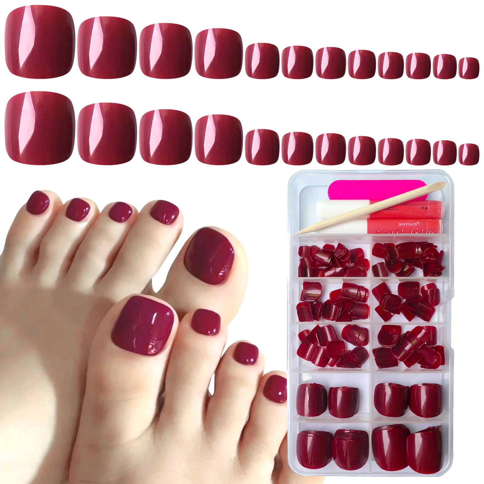 AddFavor240pcs Press on Toenails Dark Red Fake Toe Nails Full Cover Glossy Shiny Short Press ons False Toe Nail for Women, with Nail Glue, Sticky Tabs, Nail File