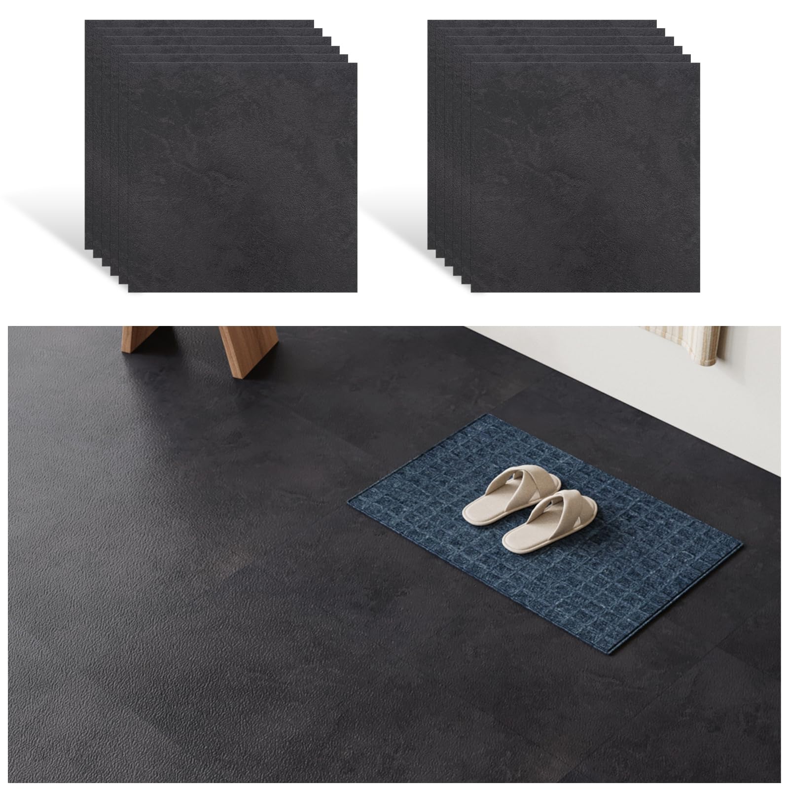VEELIKE Dalle PVC Adhesive Sol Beton Noir 12 Pièces Carrelage Adhesif Sol Ciment Noir Dalle Garage Carreaux Adhesif Cuisine Salle de Bain Imperméable Amovible Buanderie Chambre 1.5mm 30 cm ×30 cm