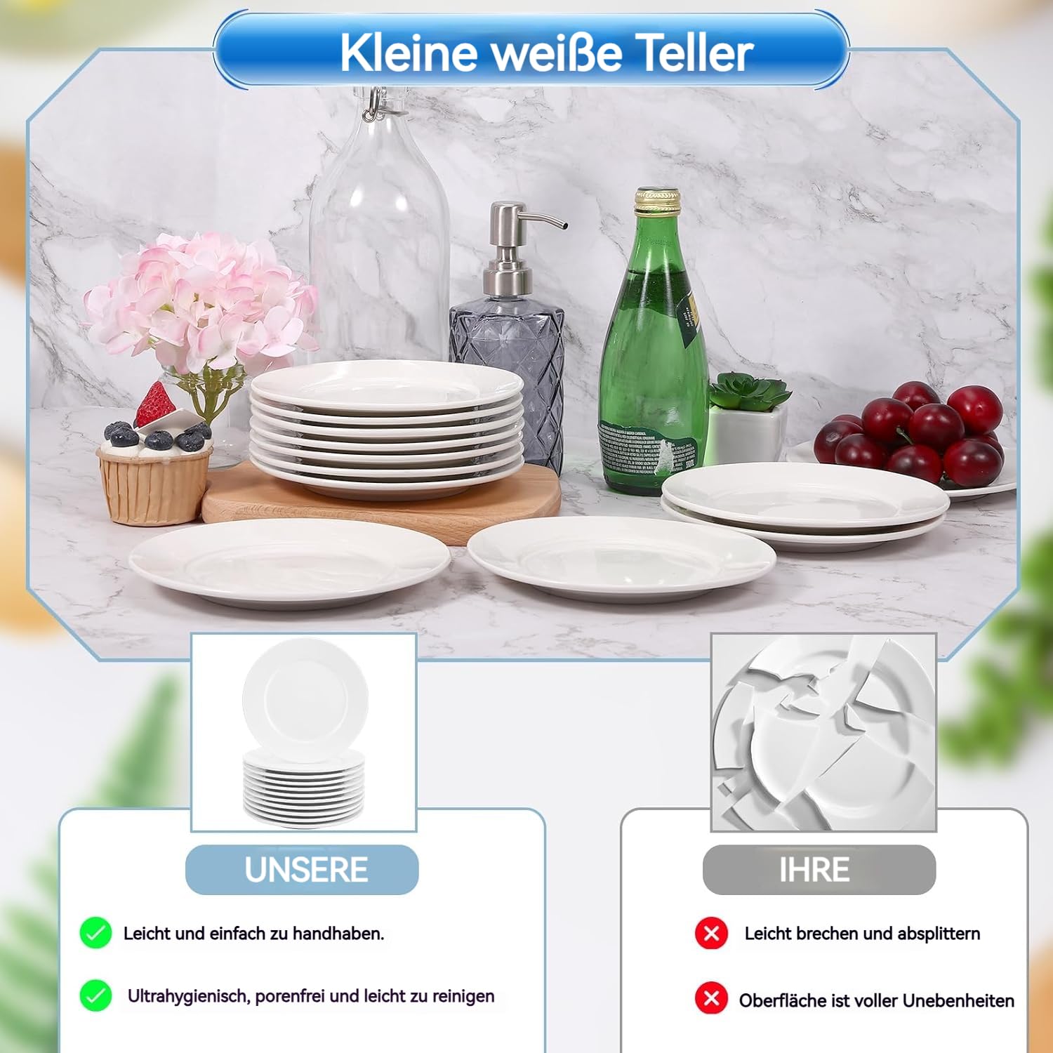 6 Porzellan Dessertteller Weiß – 17,78 Cm Durchmesser, Mikrowellen- & Spülmaschinenfest, Für Kuchen & Snacks