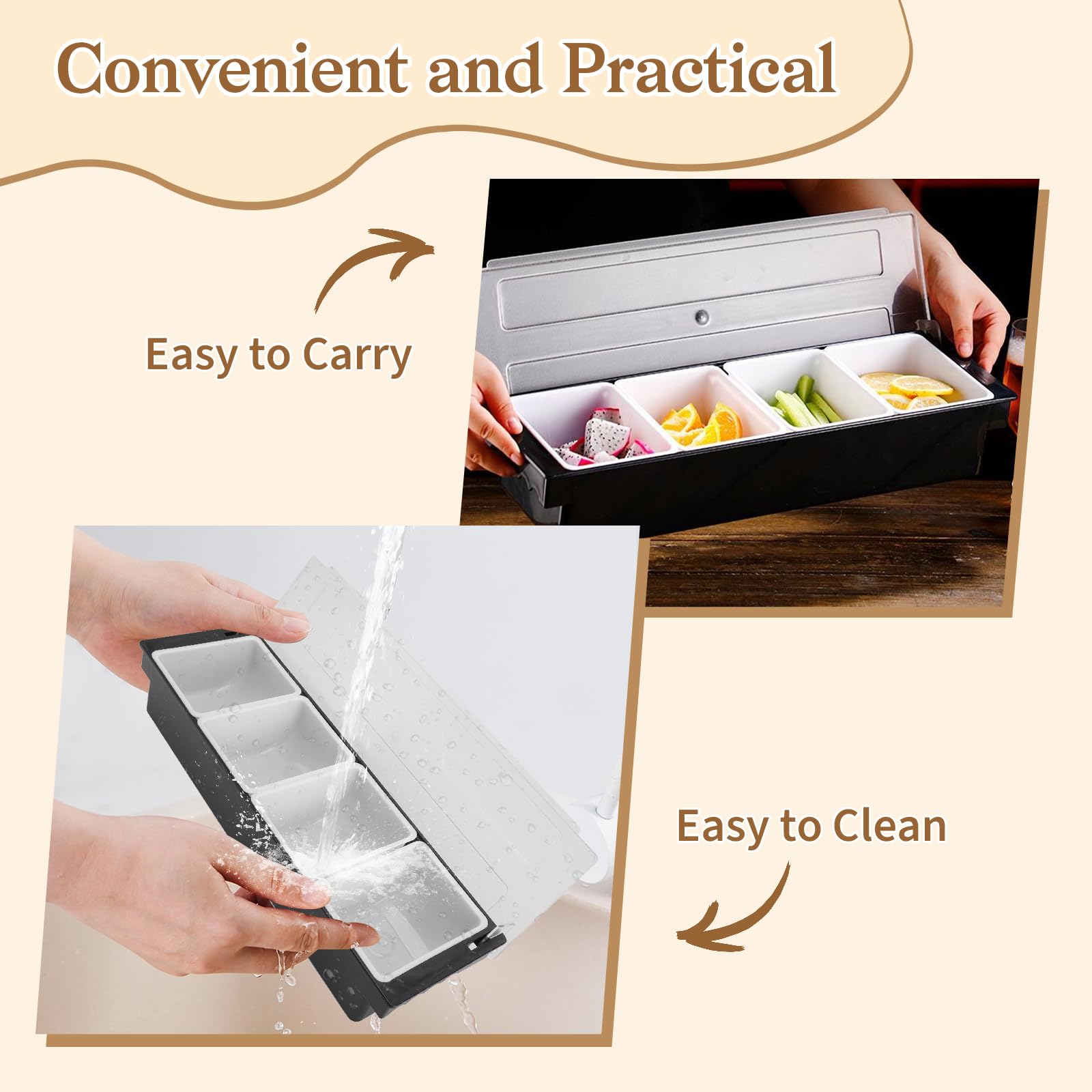 Buachois Server per Condimenti, Contenitore per Dispenser per Condimenti in Plastica Trasparente, Coperchio Staccabile Design Bar Contenitore per Frutta con Coperchio(4 Compartments)