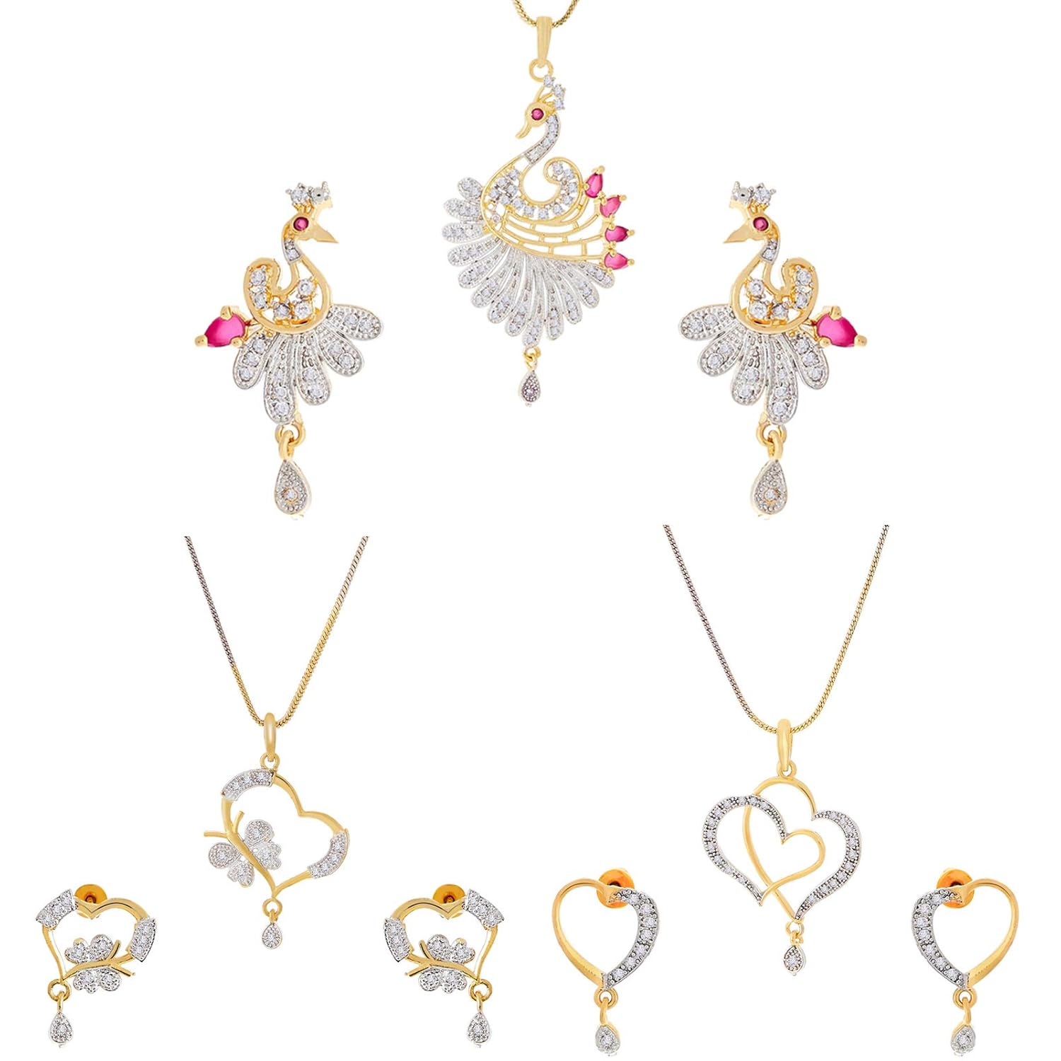 ZENEME Jewellery Set Gold Plated American Diamond Heart Shape and Crystal Style Pendant Necklace Set for Women and Girls Set Of 3