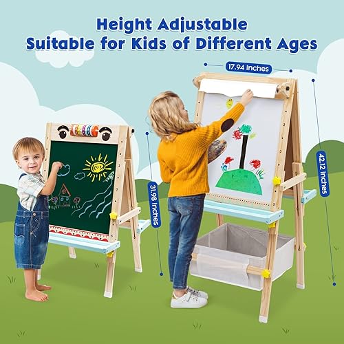 Miniatura 4 de Caballete de arte de madera para niños caballete de doble cara para niños con pizarra blanca y pizarra caballete de pie ajustable en altura con