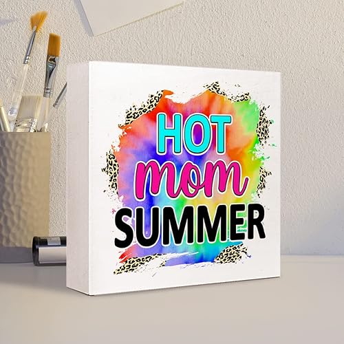 Miniatura 5 de Letrero de madera de verano con texto en inglés "Hot Mom", diseño rústico de leopardo de verano, decoración de escritorio para casa costera, playa