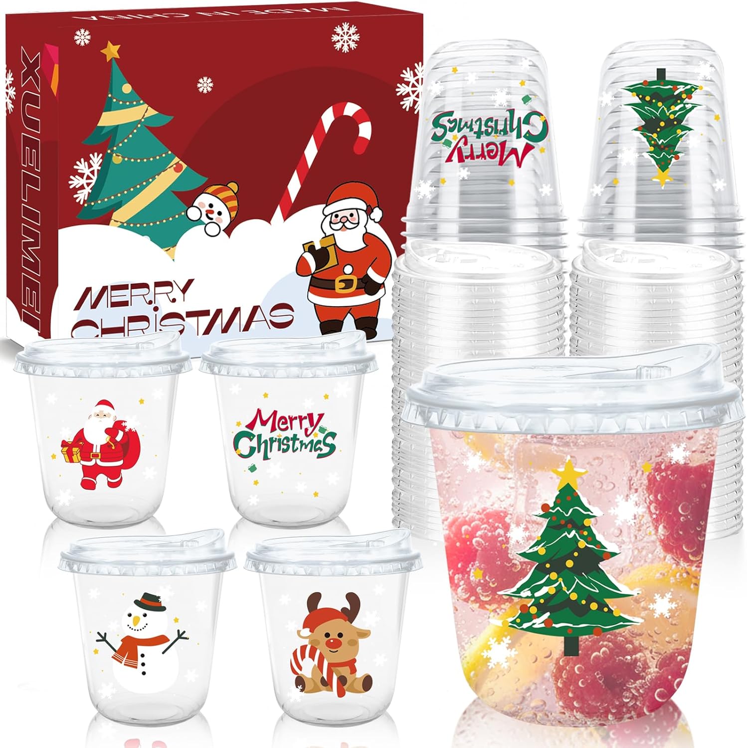 12oz Christmas Disposable Plastic Cups with Strawless Sip Lids-Xmas Tree Santa Reindeer Snow Cold Drinks, Coffee, Beer, Drinks, Ice Cream, Drinking Cups for Party Supplies. (50)