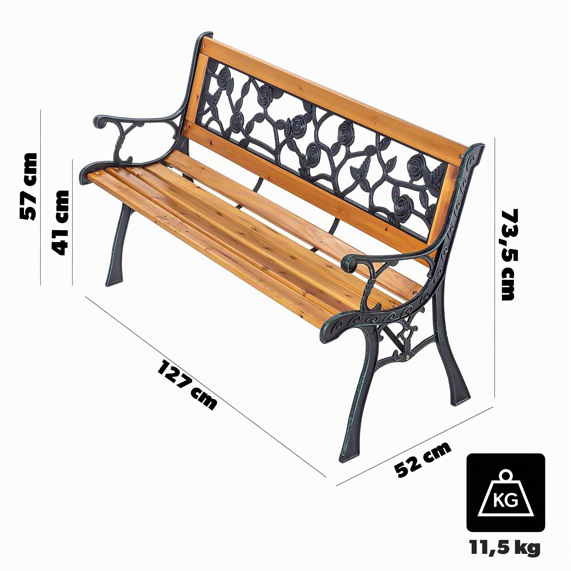 KADAX Banc de jardin en bois et fonte 2 places avec accoudoirs et dossier, banc de parc, banc extérieur pour balcon, jardin, terrasse (marron/motif rose)