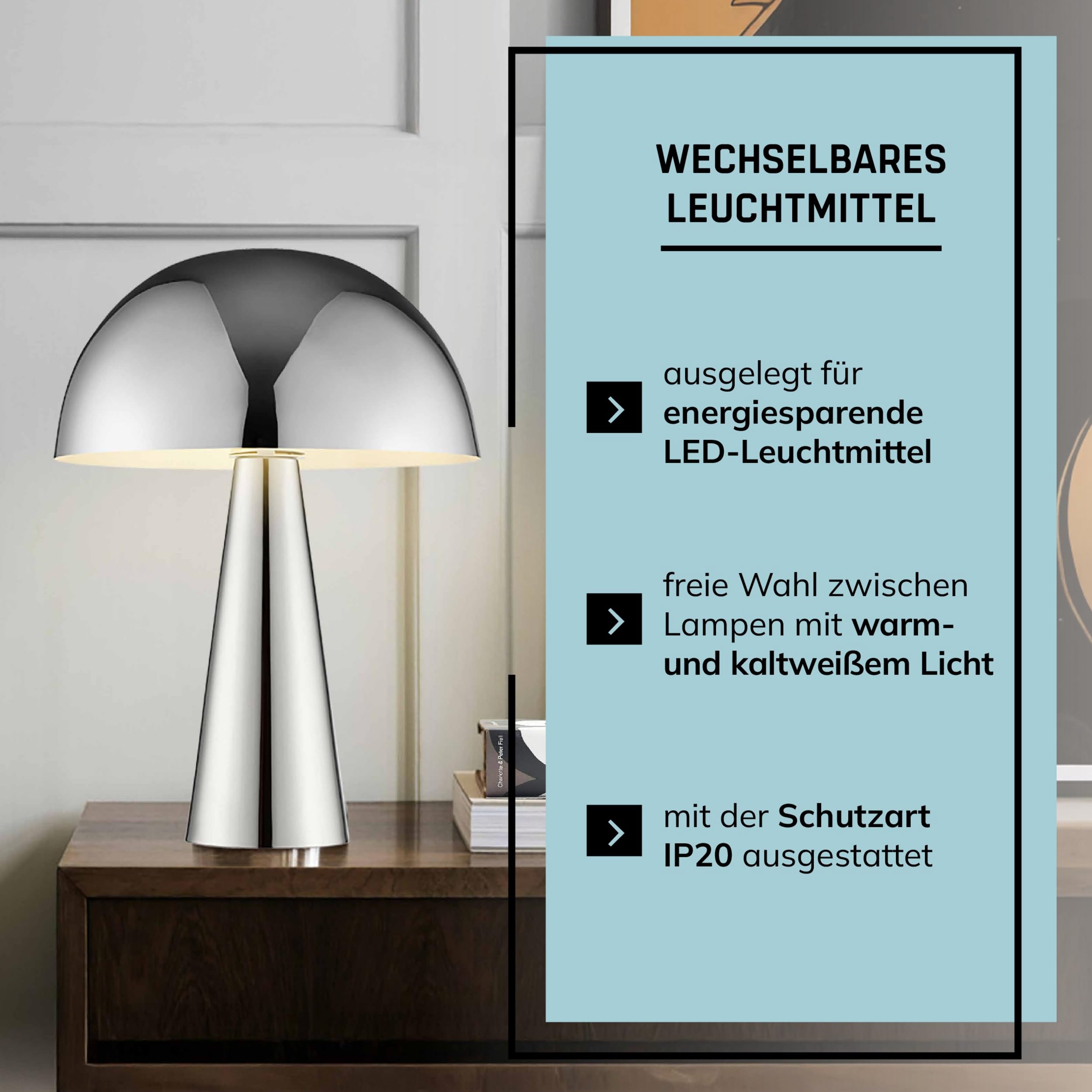 Lightbox Pilz Tischleuchte, Ø 25 cm, Höhe 33 cm, geeignet für LED, E14-Fassung, Metall, chromfarben, Schalter am Kabel, moderne Glamour-Leuchte für Wohnzimmer, Schlafzimmer oder Sideboard