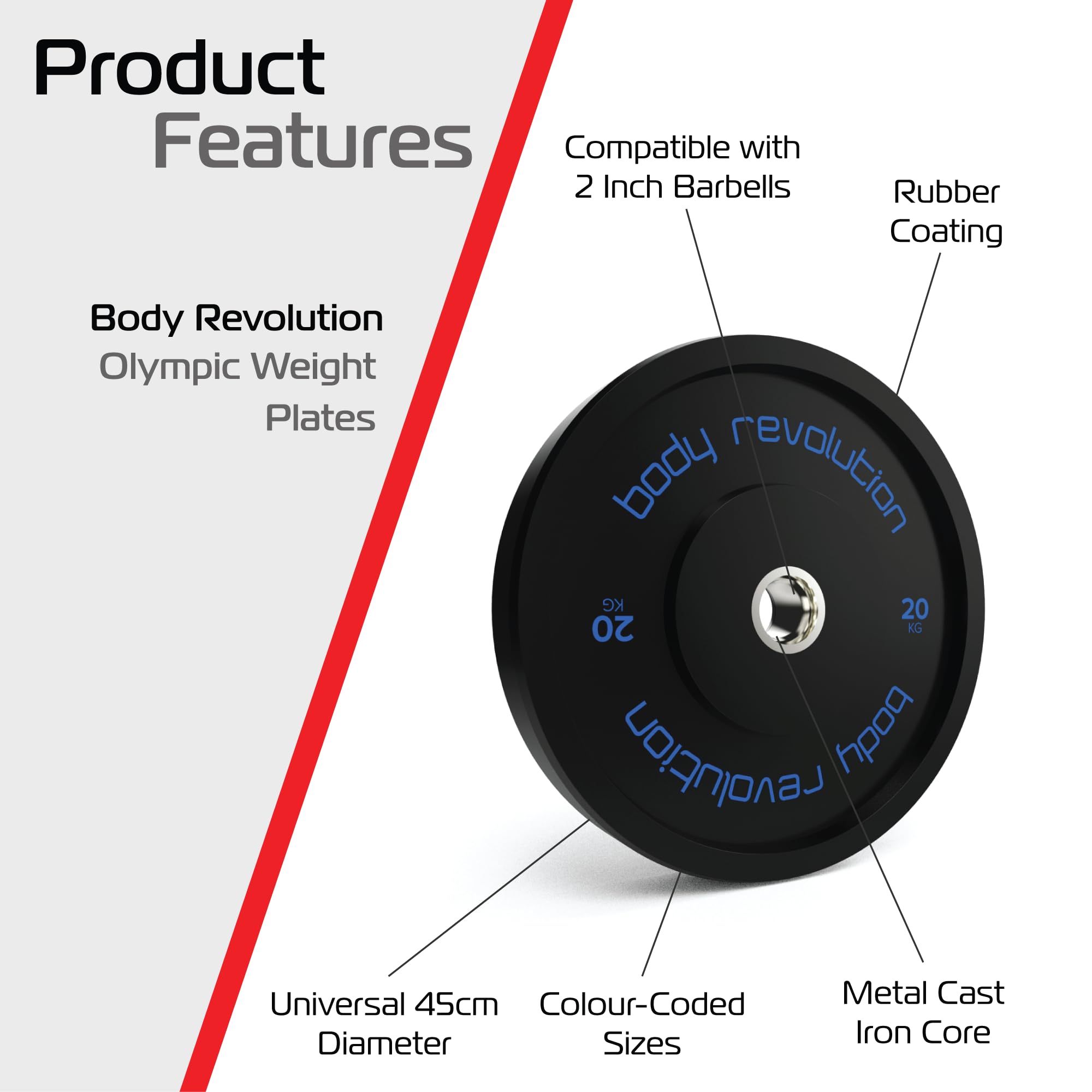 Body Revolution, dischi Bumper in gomma da 5 cm per sollevamento pesi olimpionico, dischi per bilancieri e crossfit (da 5 a 25 kg), 20kg pair