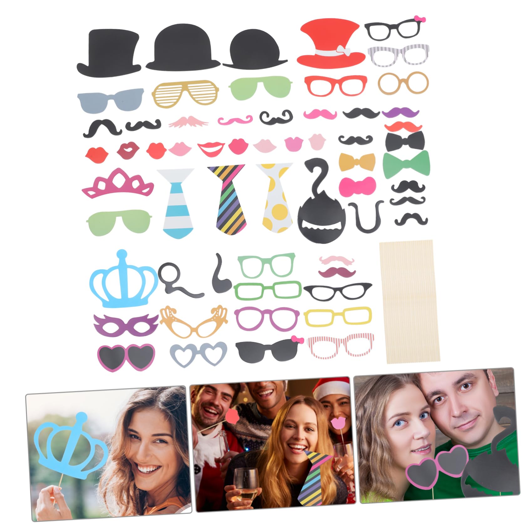 60 Lustige Foto Requisiten mit Schnurrbartmasken, Party | Hochzeiten und Weihnachten, Karton mit Bambusstäben, Gemischte Ausführung, Inklusive Klebepunkte Zufälliger Stil