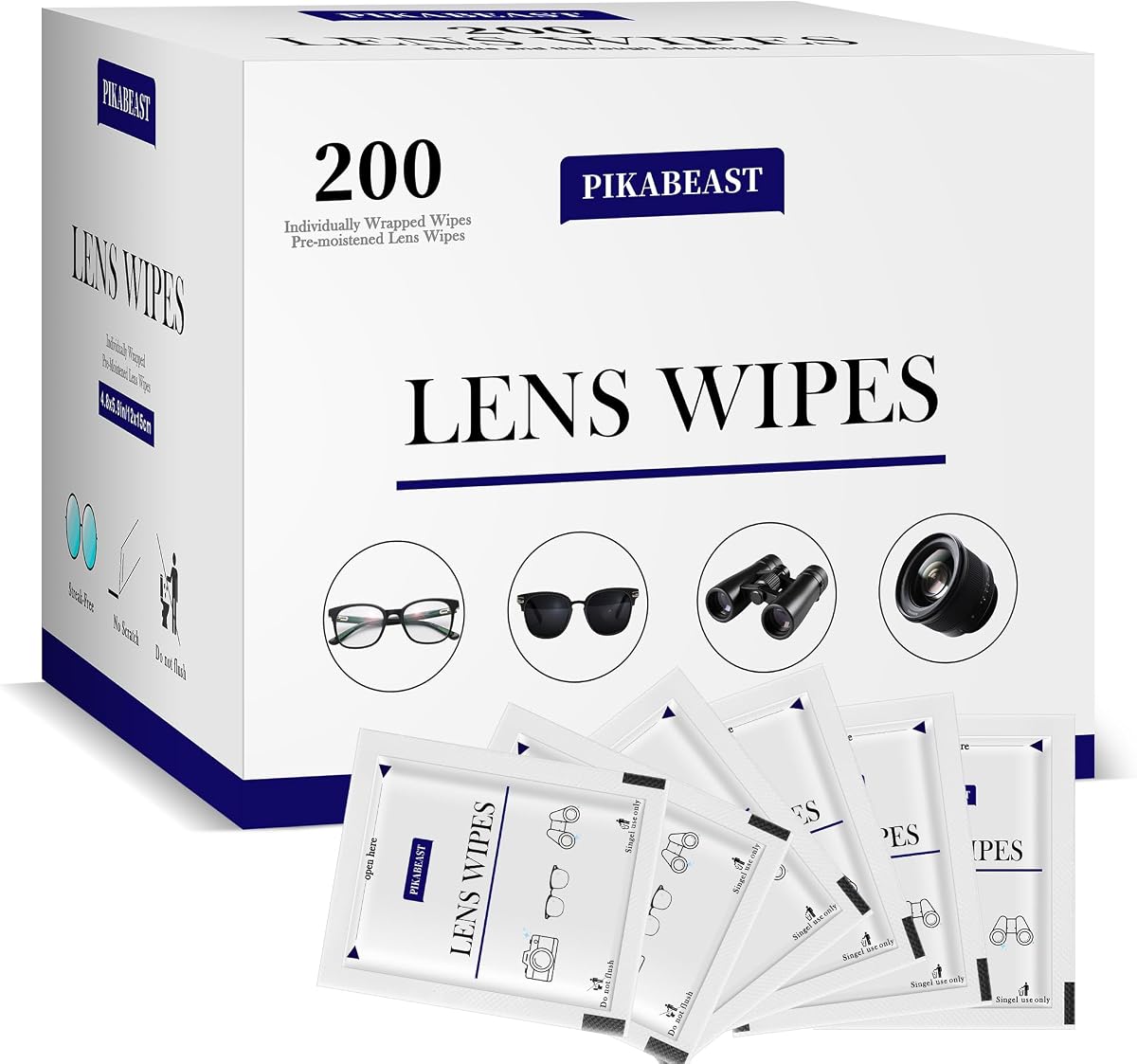 200 Count Lens Wipes for Eyeglasses, Individually Wrapped Pre- Moistened Wipes | 5x5 Inch, Camera Lens, Sunglasses and Glasses Cleaner, Sracth-Free, Streak-Free