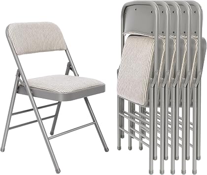 6 Pack Padded Folding Chairs with Fabric Cushion and Back, Oatmeal Stripe